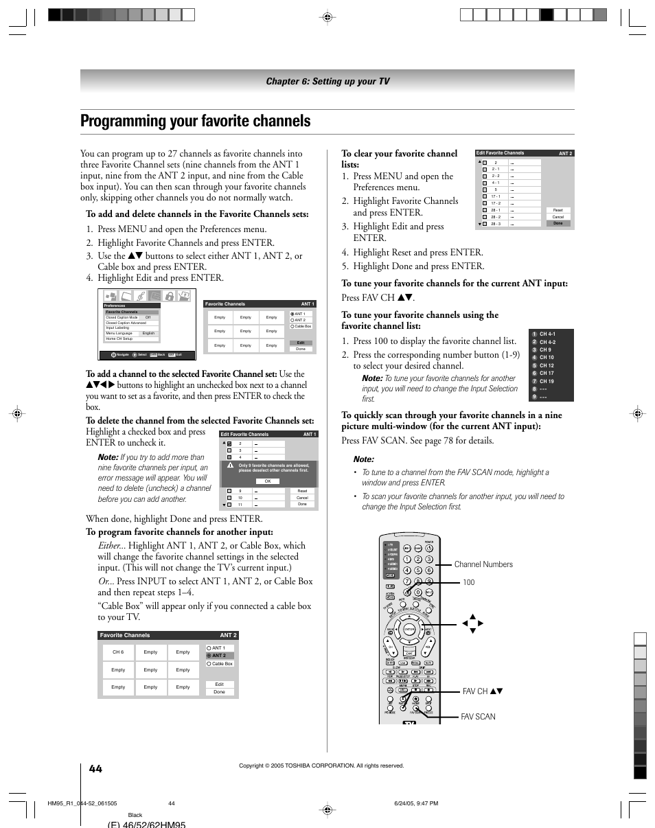 Programming your favorite channels, Chapter 6: setting up your tv, Fav scan fav ch yz | Channel numbers 100 | Toshiba DLP 52HM95 User Manual | Page 44 / 112