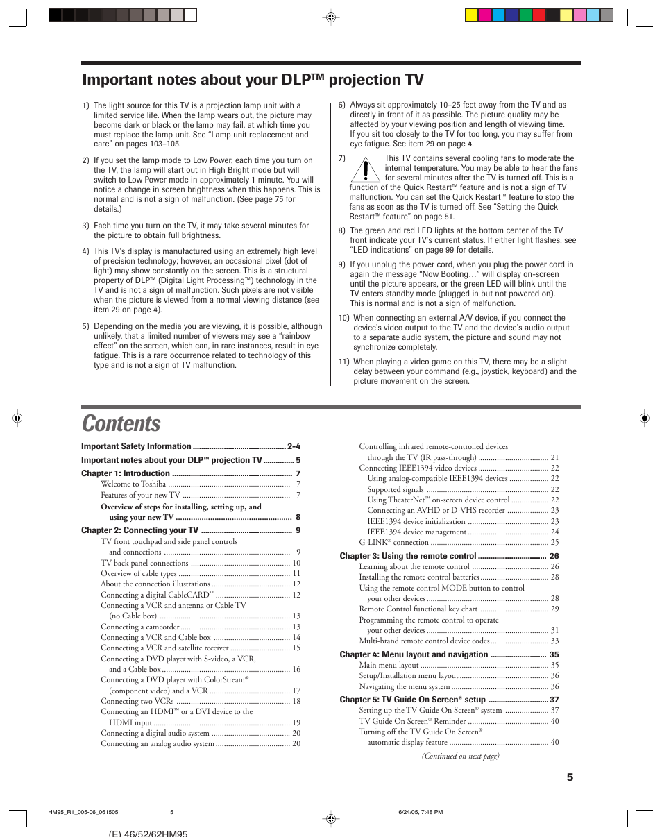 Toshiba DLP 52HM95 User Manual | Page 5 / 112