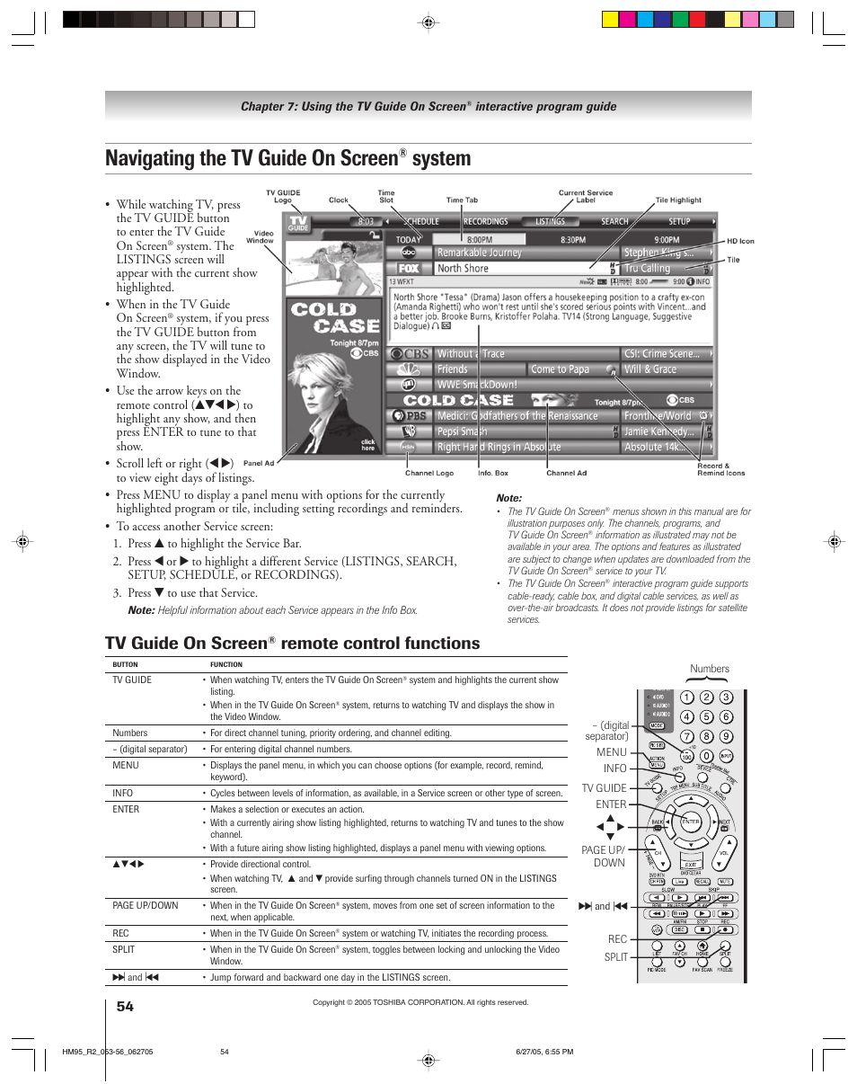 Navigating the tv guide on screen, System, Tv guide on screen | Remote control functions | Toshiba DLP 52HM95 User Manual | Page 54 / 112