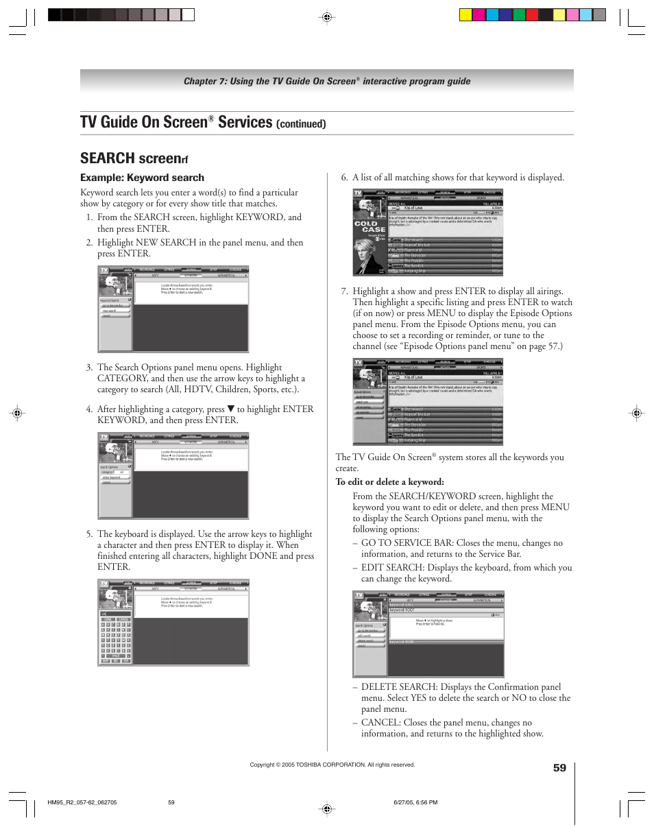 Tv guide on screen, Services, Search screen | Toshiba DLP 52HM95 User Manual | Page 59 / 112