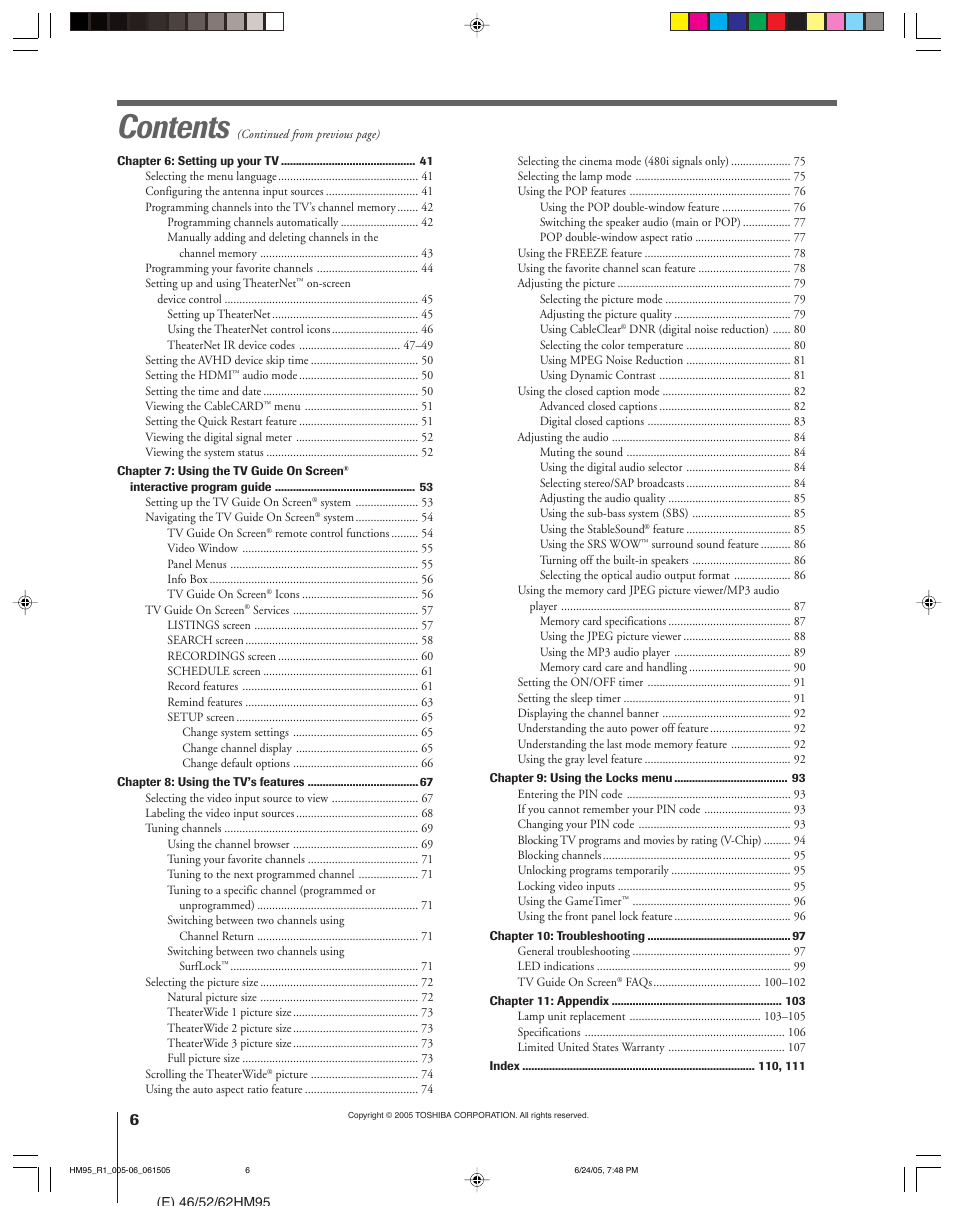 Toshiba DLP 52HM95 User Manual | Page 6 / 112