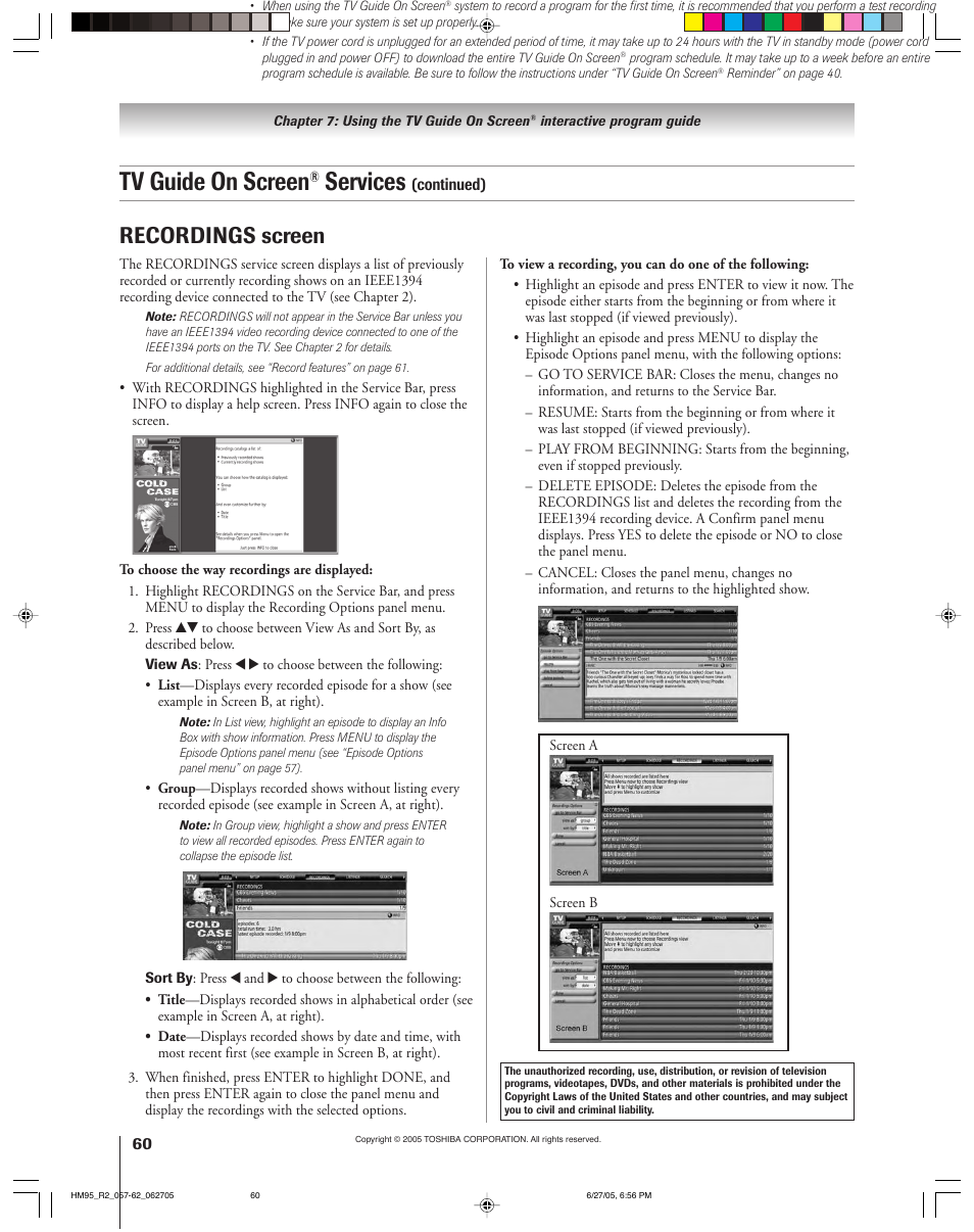 Tv guide on screen, Services, Recordings screen | Toshiba DLP 52HM95 User Manual | Page 60 / 112