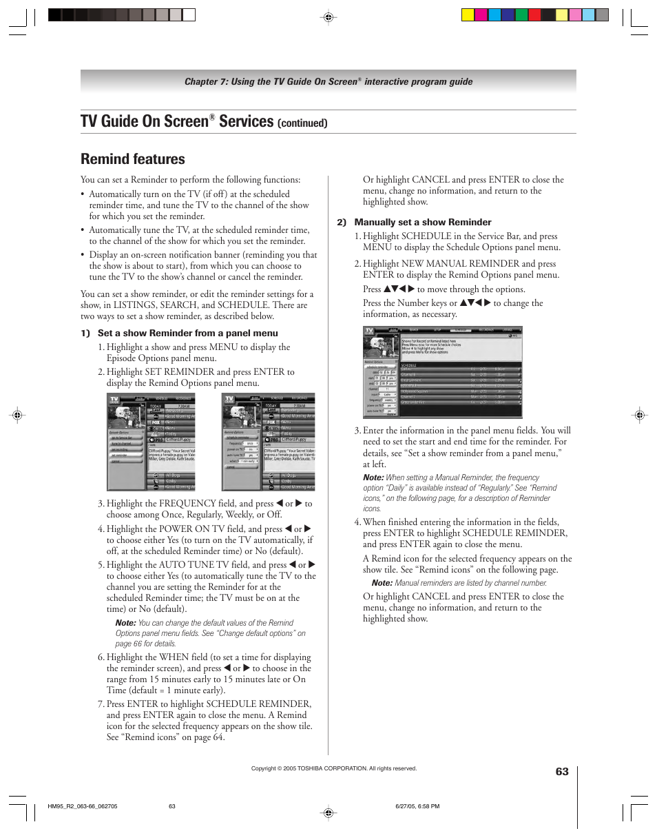 Tv guide on screen, Services, Remind features | Toshiba DLP 52HM95 User Manual | Page 63 / 112