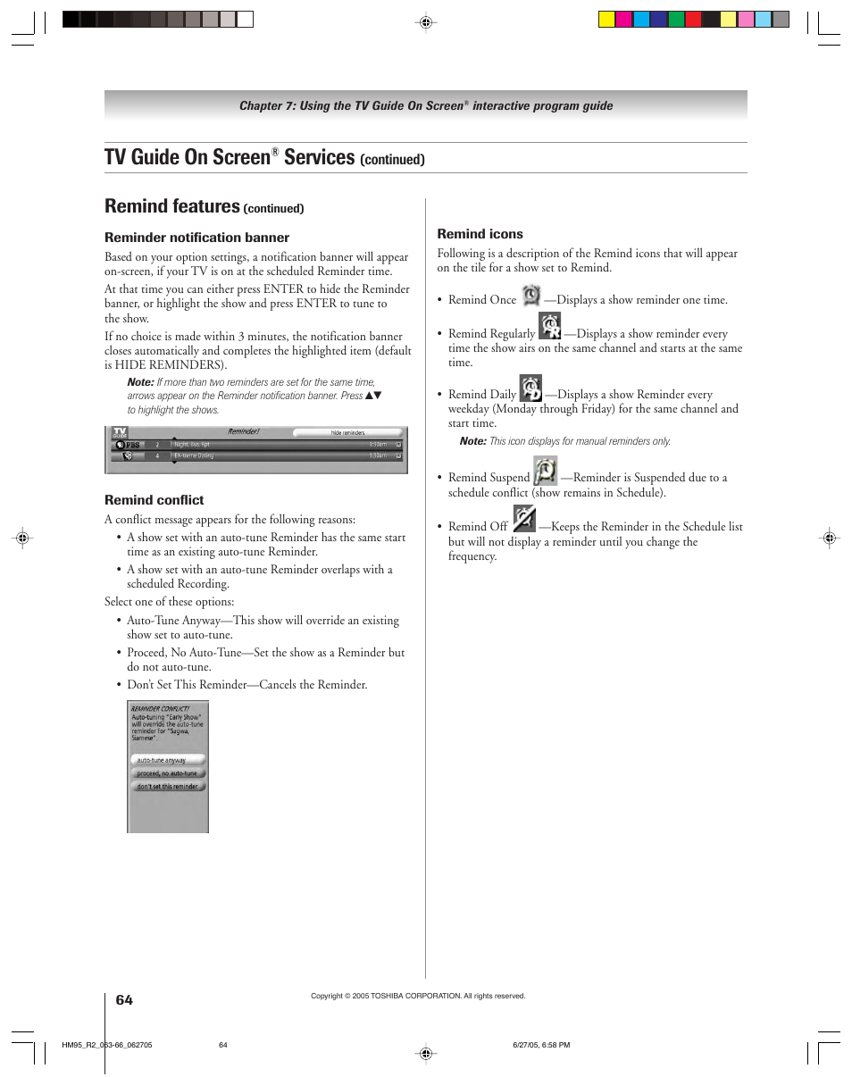 Tv guide on screen, Services, Remind features | Toshiba DLP 52HM95 User Manual | Page 64 / 112