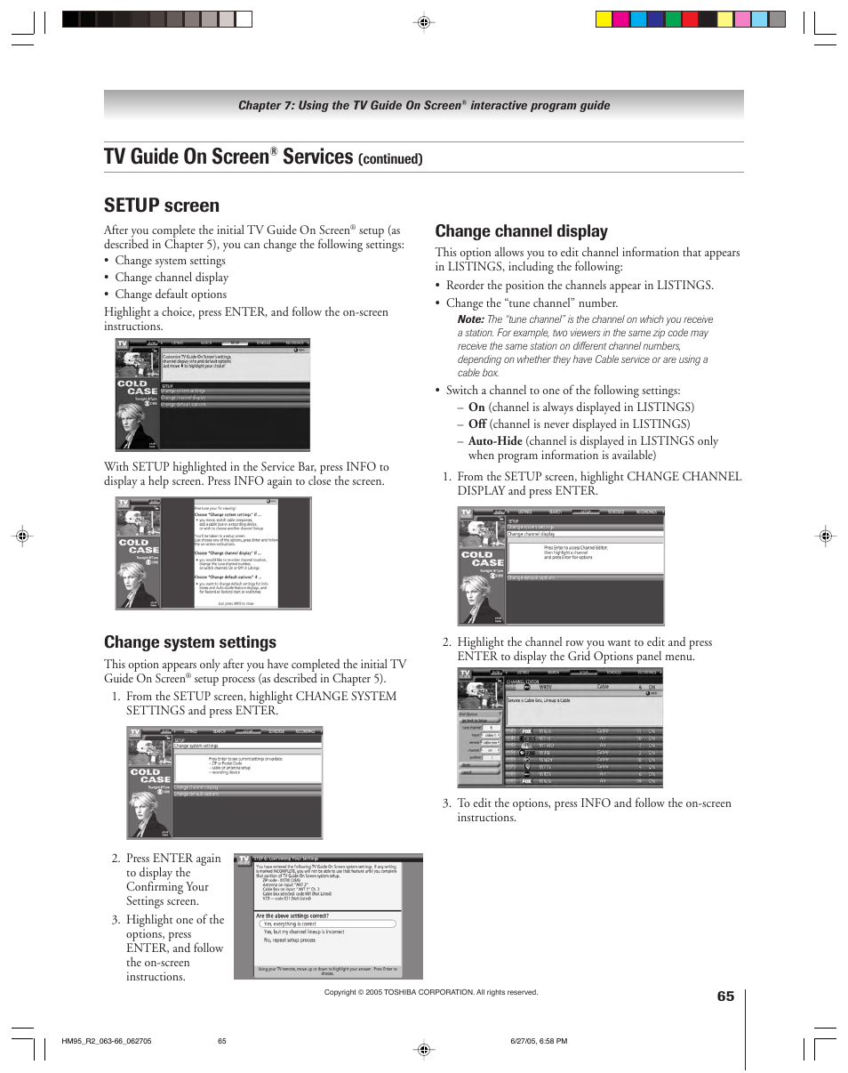 Tv guide on screen, Services, Setup screen | Change system settings, Change channel display | Toshiba DLP 52HM95 User Manual | Page 65 / 112