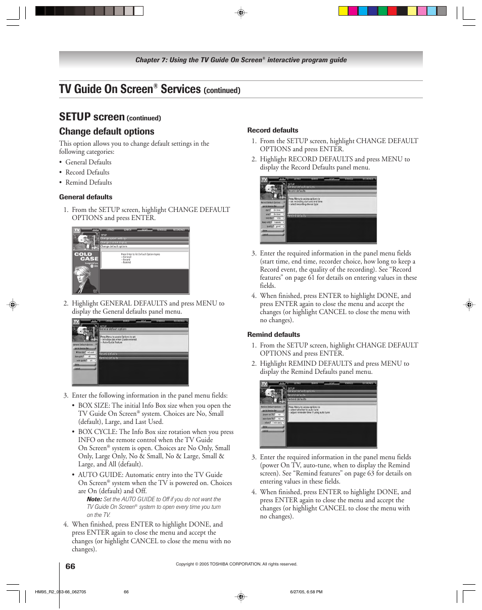 Tv guide on screen, Services, Setup screen | Change default options | Toshiba DLP 52HM95 User Manual | Page 66 / 112