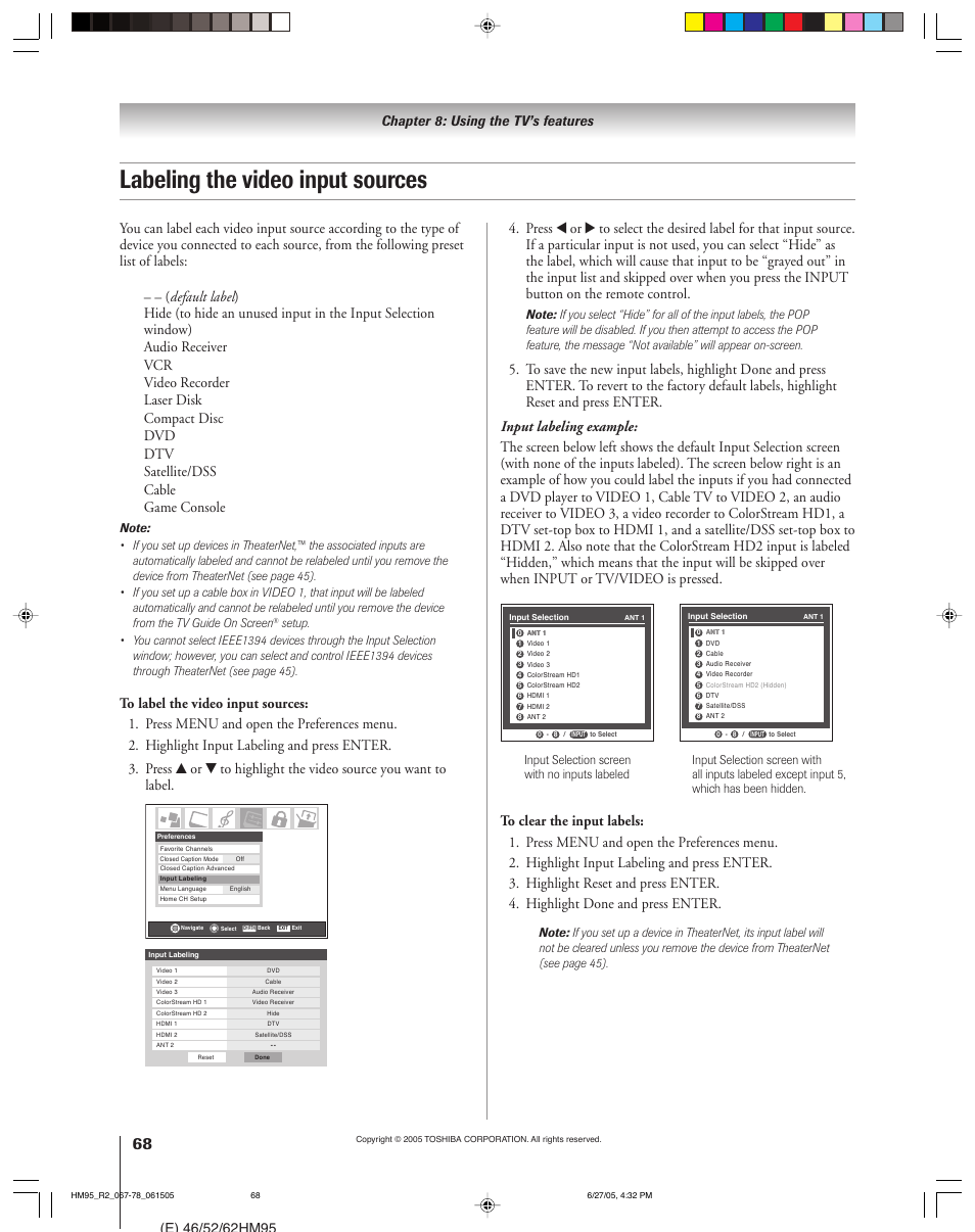 Labeling the video input sources, Chapter 8: using the tv’s features | Toshiba DLP 52HM95 User Manual | Page 68 / 112