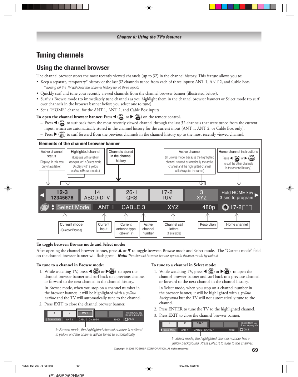 Tuning channels, Using the channel browser, Abcd-dtv | Toshiba DLP 52HM95 User Manual | Page 69 / 112