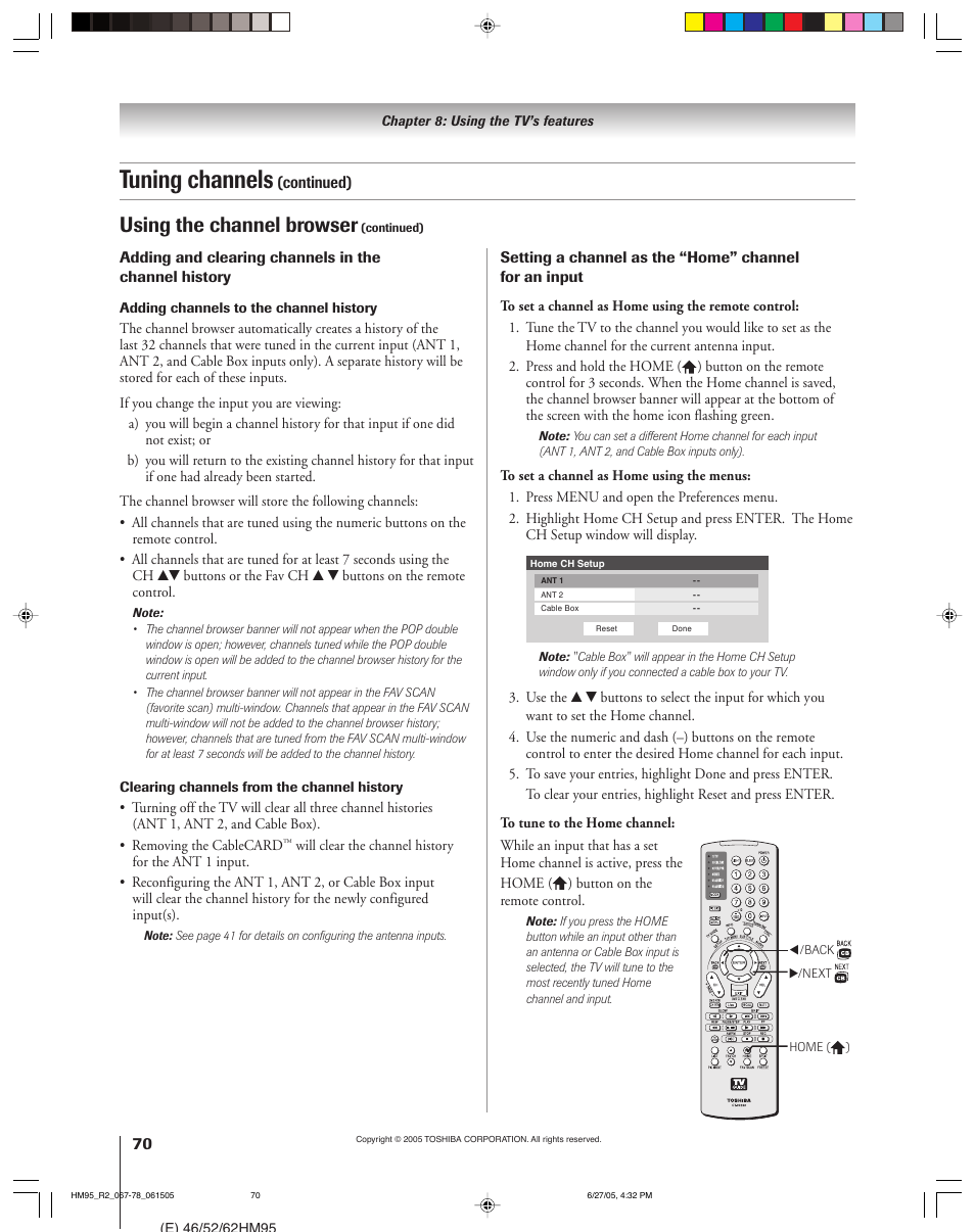 Tuning channels, Using the channel browser | Toshiba DLP 52HM95 User Manual | Page 70 / 112