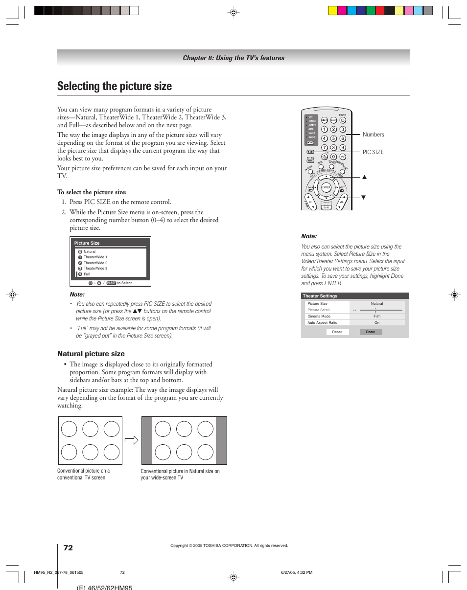 Selecting the picture size, Natural picture size | Toshiba DLP 52HM95 User Manual | Page 72 / 112