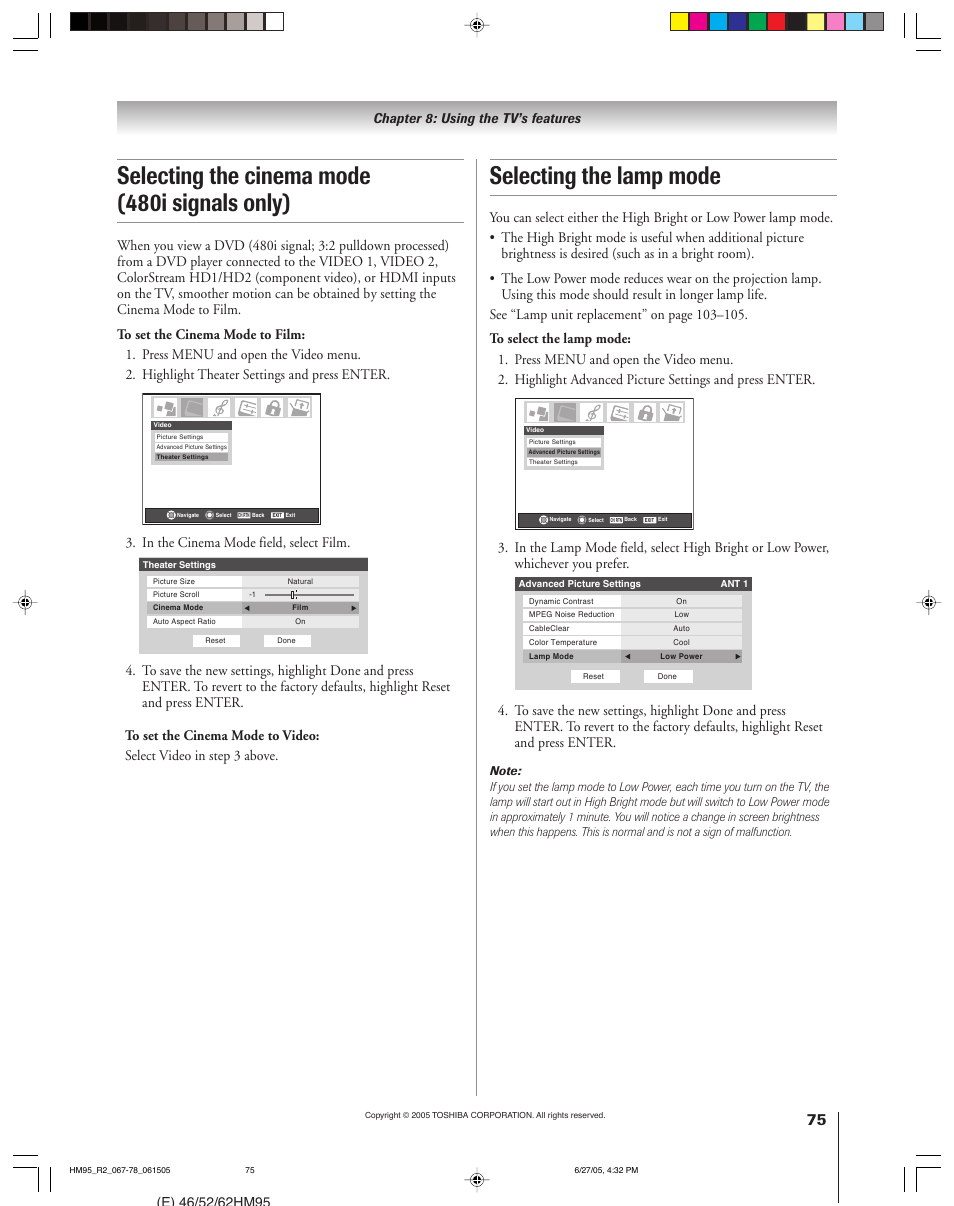 Selecting the lamp mode, Selecting the cinema mode (480i signals only), Chapter 8: using the tv’s features | Toshiba DLP 52HM95 User Manual | Page 75 / 112