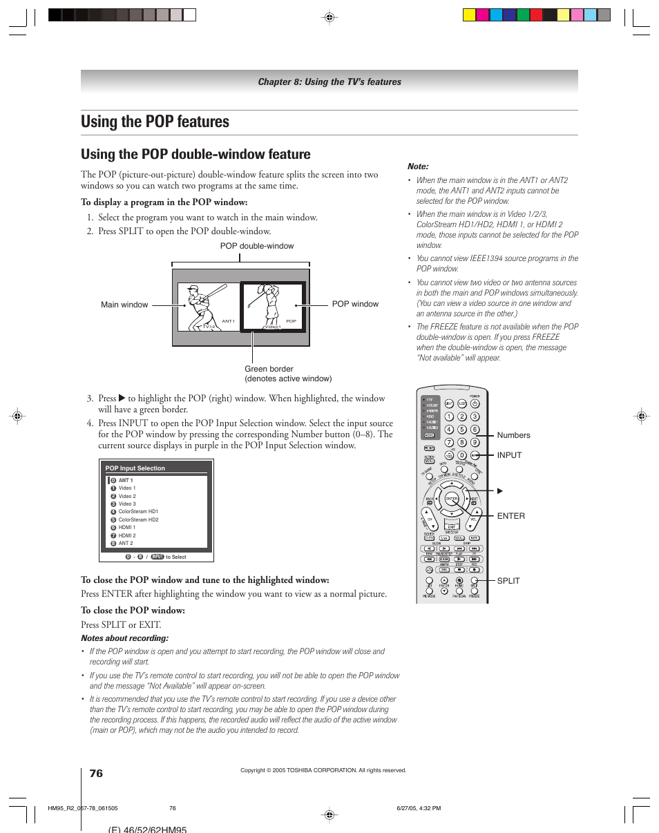 Using the pop features, Using the pop double-window feature | Toshiba DLP 52HM95 User Manual | Page 76 / 112