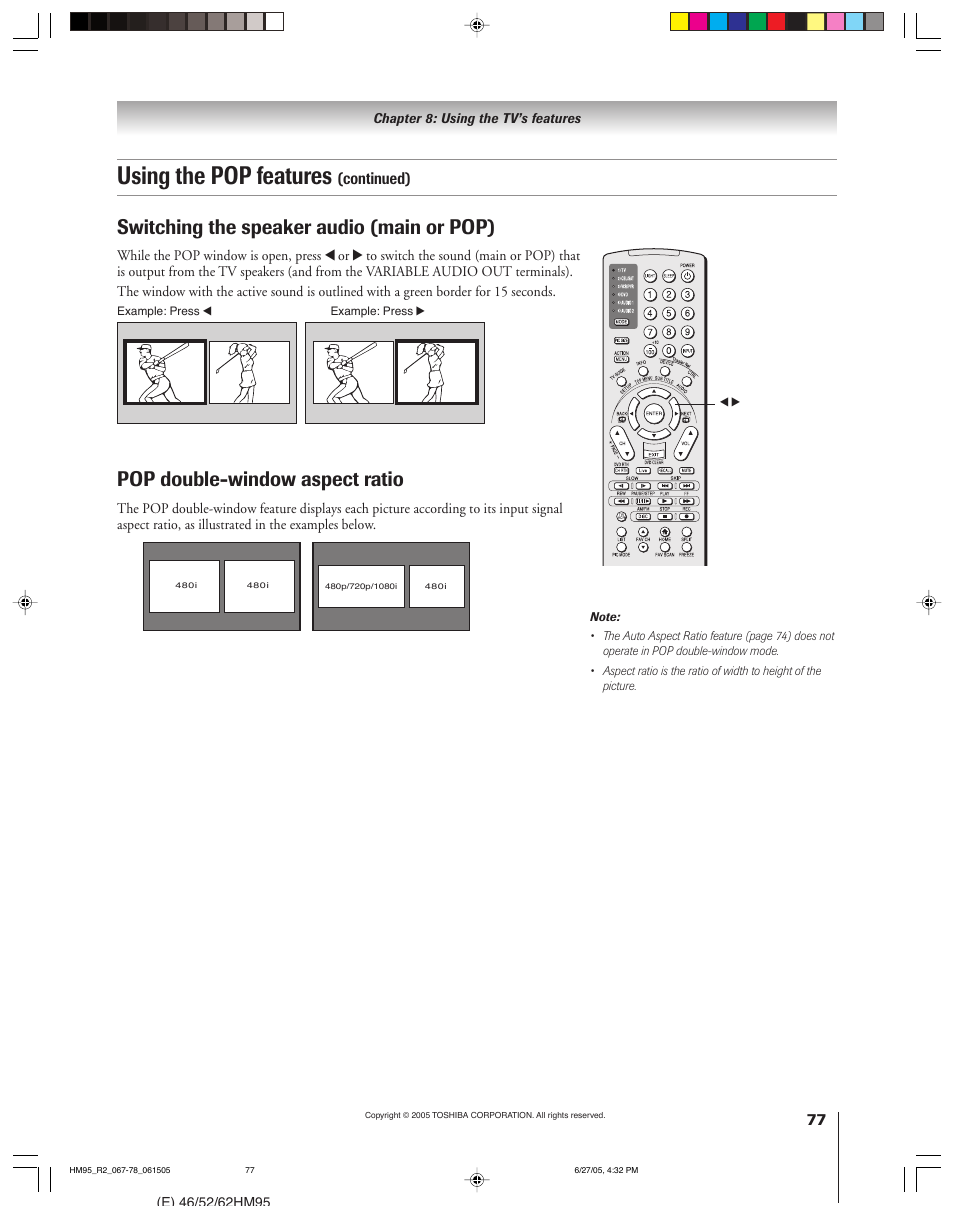 Using the pop features, Switching the speaker audio (main or pop), Pop double-window aspect ratio | Continued) | Toshiba DLP 52HM95 User Manual | Page 77 / 112