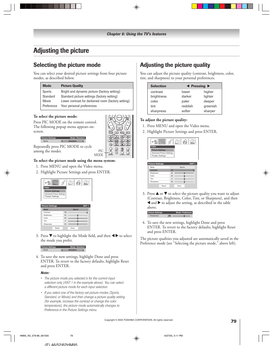 Adjusting the picture, Selecting the picture mode, Adjusting the picture quality | Toshiba DLP 52HM95 User Manual | Page 79 / 112