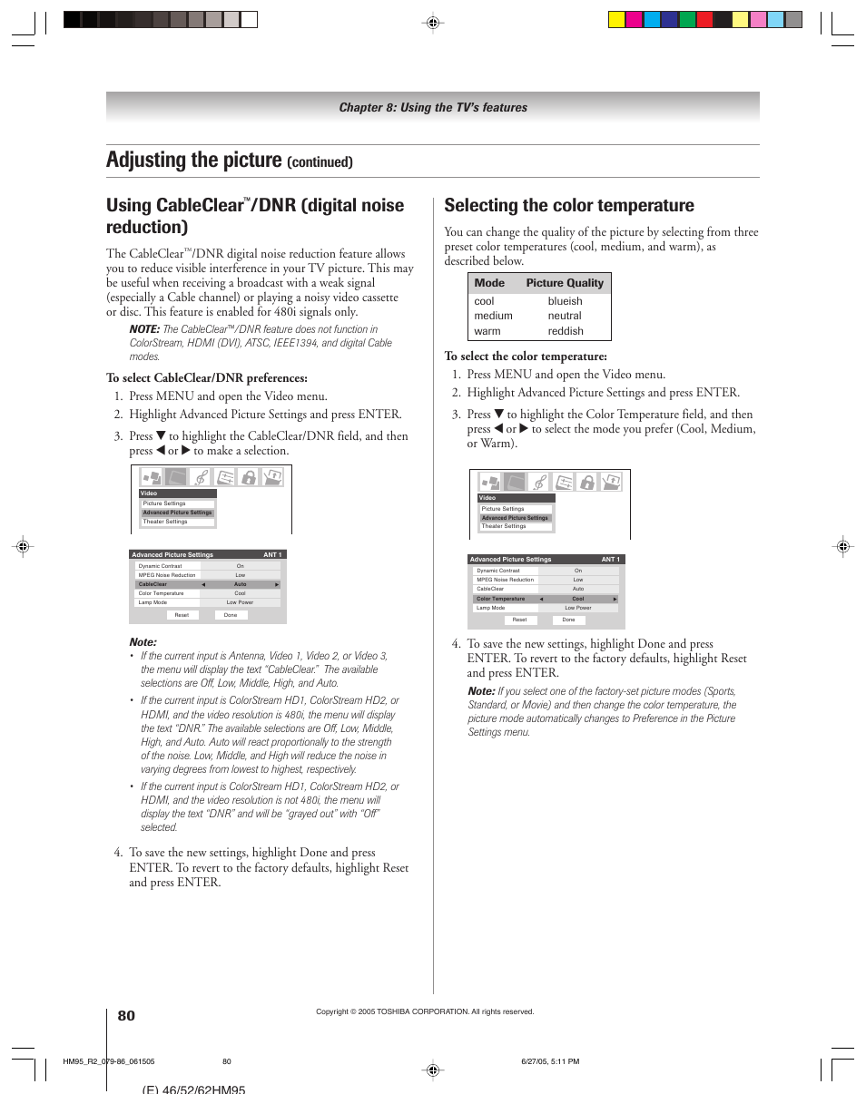 Adjusting the picture, Using cableclear, Dnr (digital noise reduction) | Selecting the color temperature, Continued), The cableclear | Toshiba DLP 52HM95 User Manual | Page 80 / 112