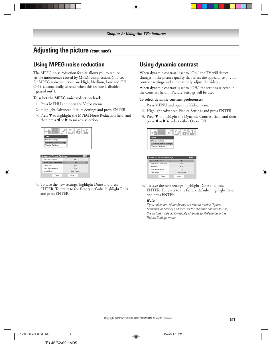 Adjusting the picture, Using mpeg noise reduction, Using dynamic contrast | Continued) | Toshiba DLP 52HM95 User Manual | Page 81 / 112