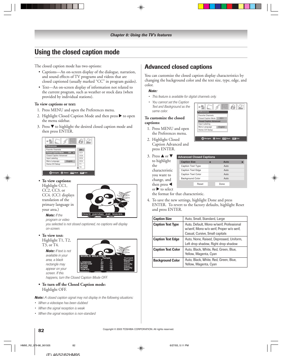 Using the closed caption mode, Advanced closed captions | Toshiba DLP 52HM95 User Manual | Page 82 / 112