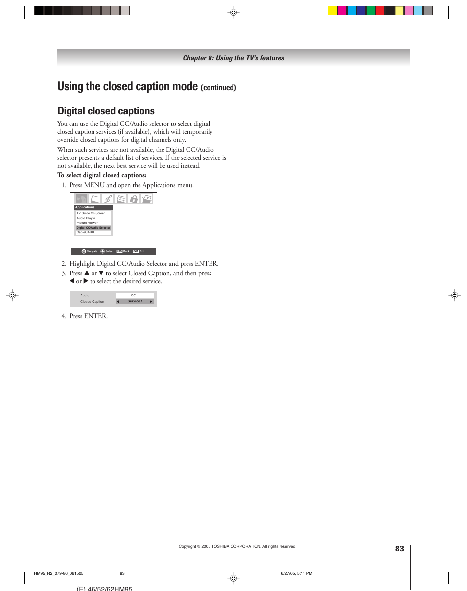 Using the closed caption mode, Digital closed captions, Continued) | Press enter | Toshiba DLP 52HM95 User Manual | Page 83 / 112