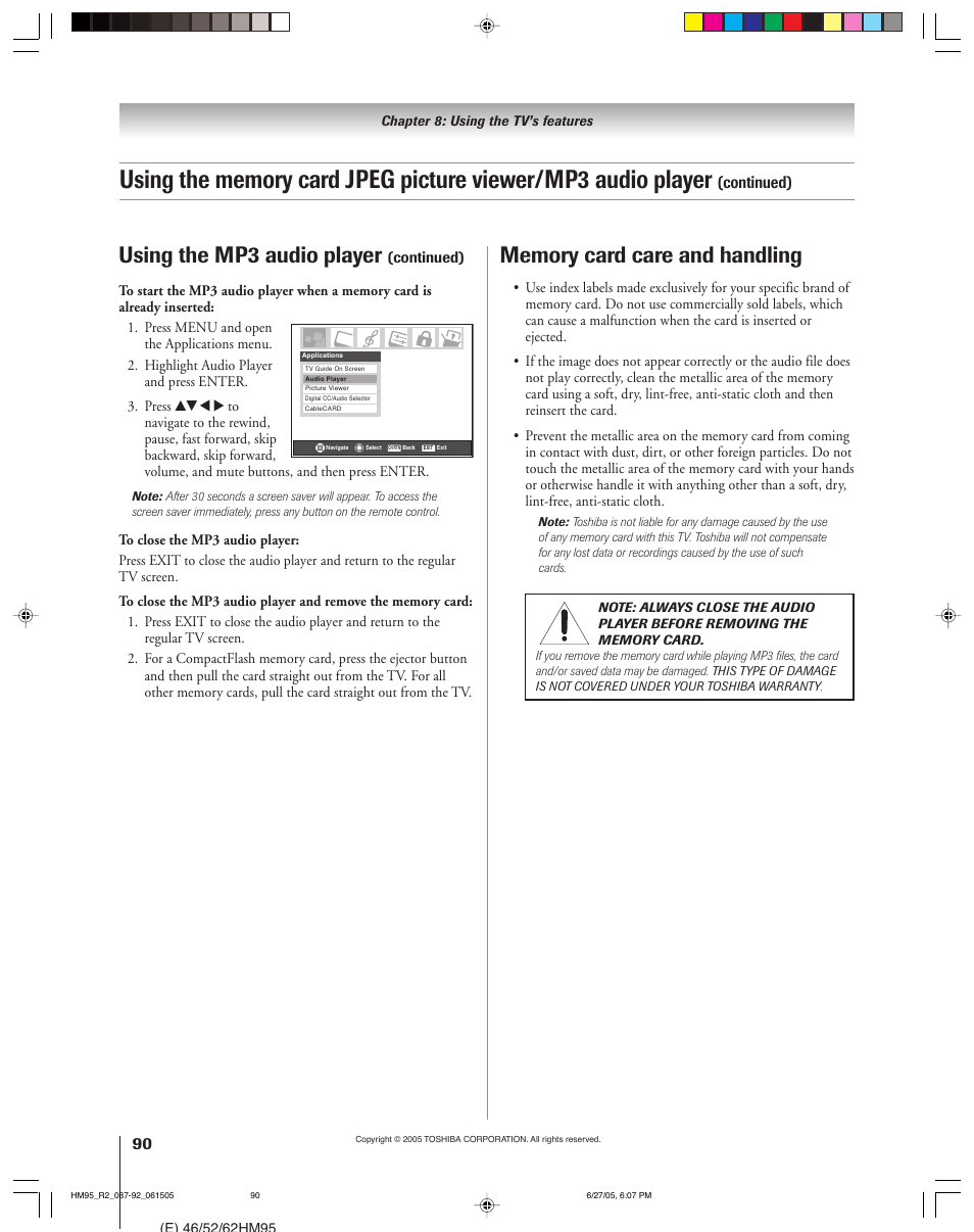 Using the mp3 audio player, Continued) | Toshiba DLP 52HM95 User Manual | Page 90 / 112