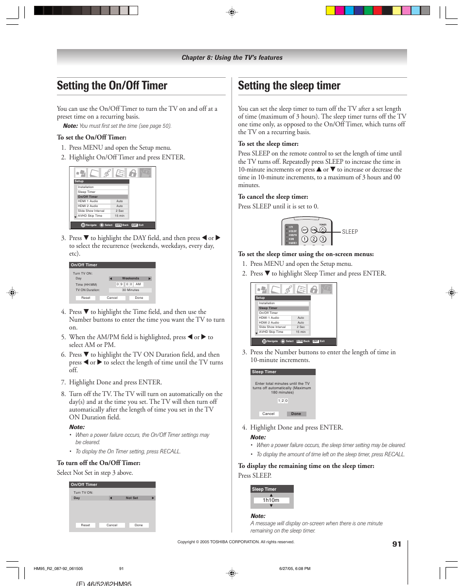 Setting the sleep timer, Setting the on/off timer, Highlight done and press enter | Chapter 8: using the tv’s features | Toshiba DLP 52HM95 User Manual | Page 91 / 112