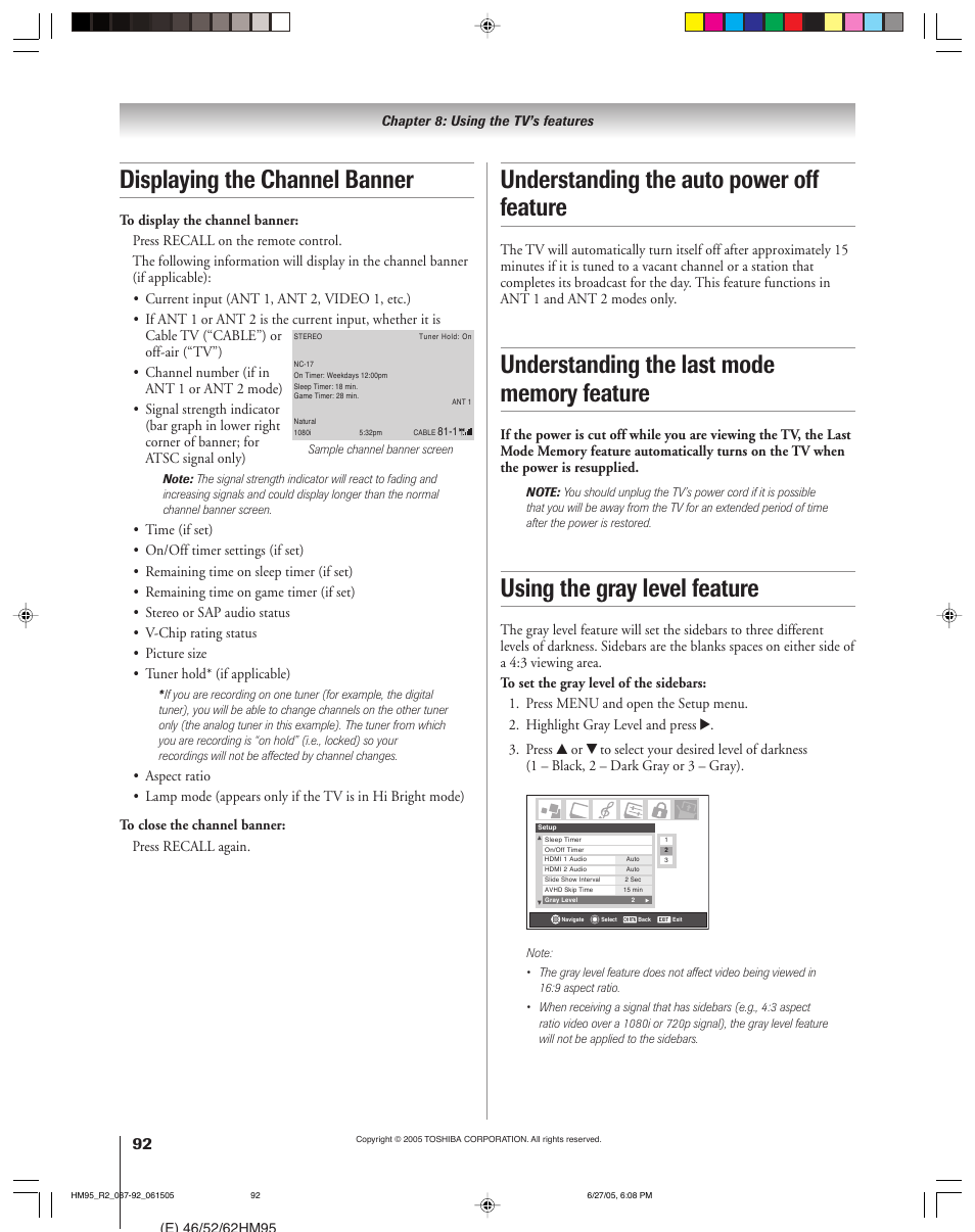 Displaying the channel banner, Understanding the auto power off feature, Using the gray level feature | Toshiba DLP 52HM95 User Manual | Page 92 / 112