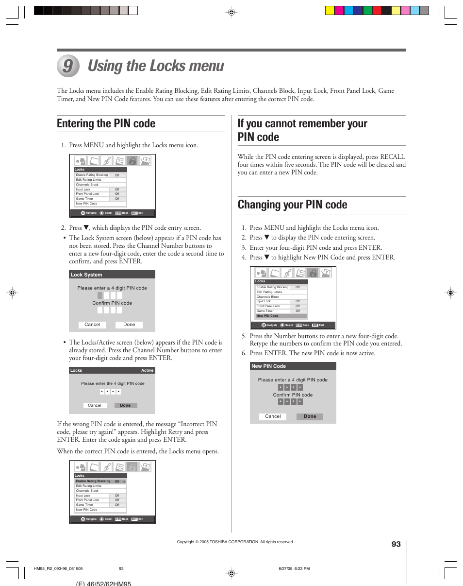 Using the locks menu, If you cannot remember your pin code, Entering the pin code changing your pin code | Press menu and highlight the locks menu icon | Toshiba DLP 52HM95 User Manual | Page 93 / 112