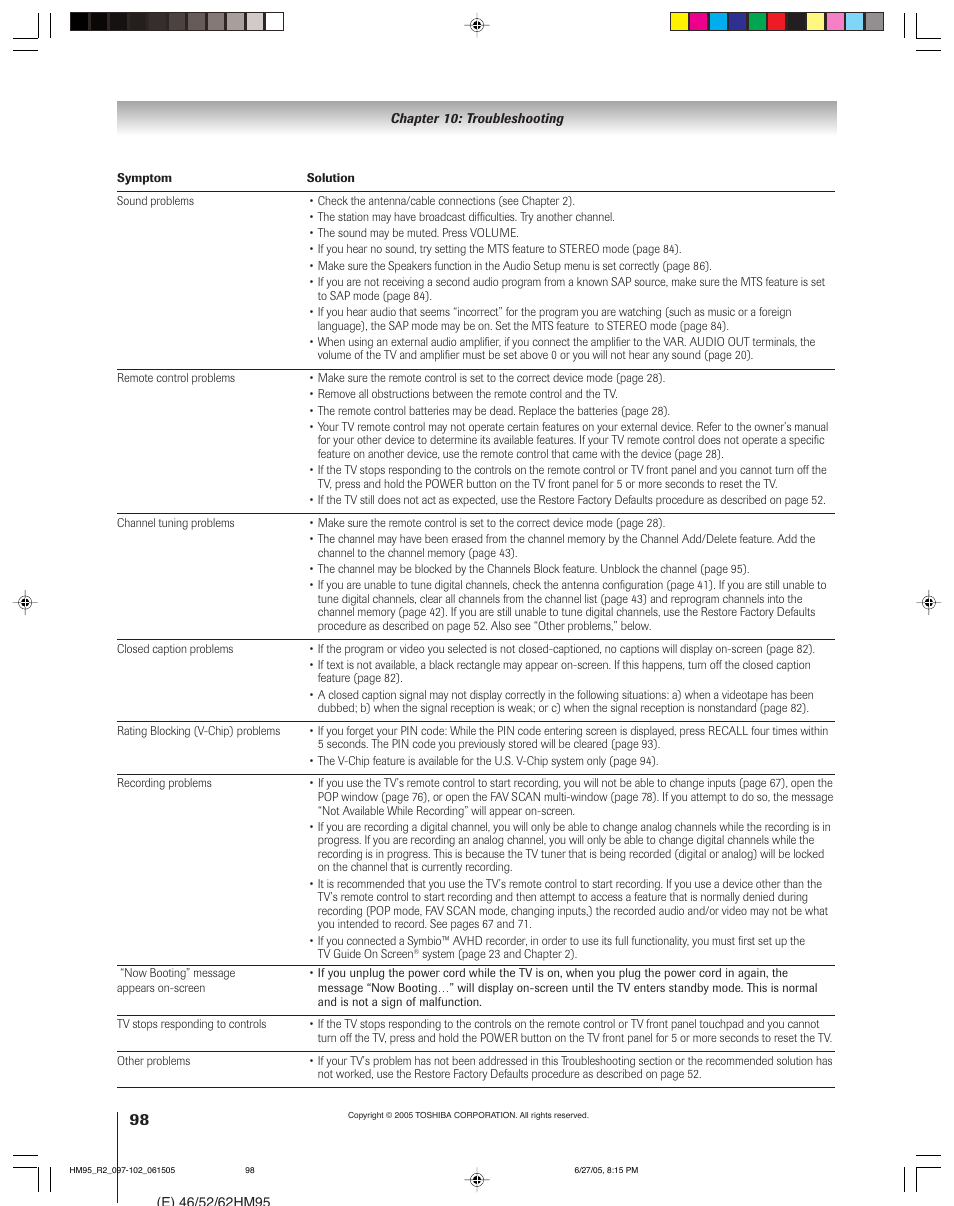 Toshiba DLP 52HM95 User Manual | Page 98 / 112