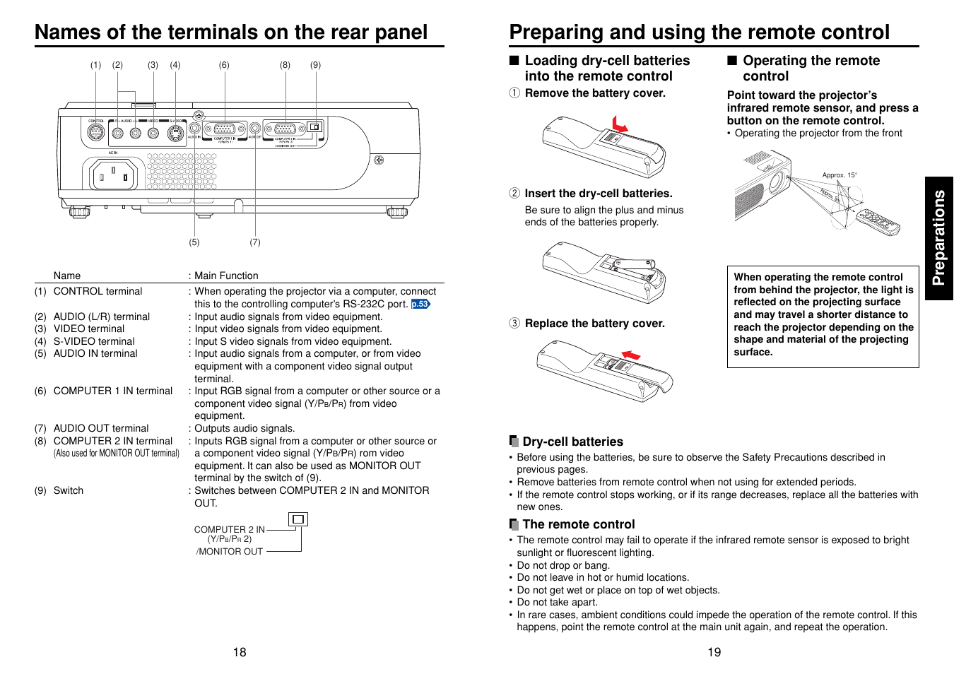 Preparing and using the remote control, Names of the terminals on the rear panel, Preparations | Toshiba TLF-XD2000 User Manual | Page 10 / 28