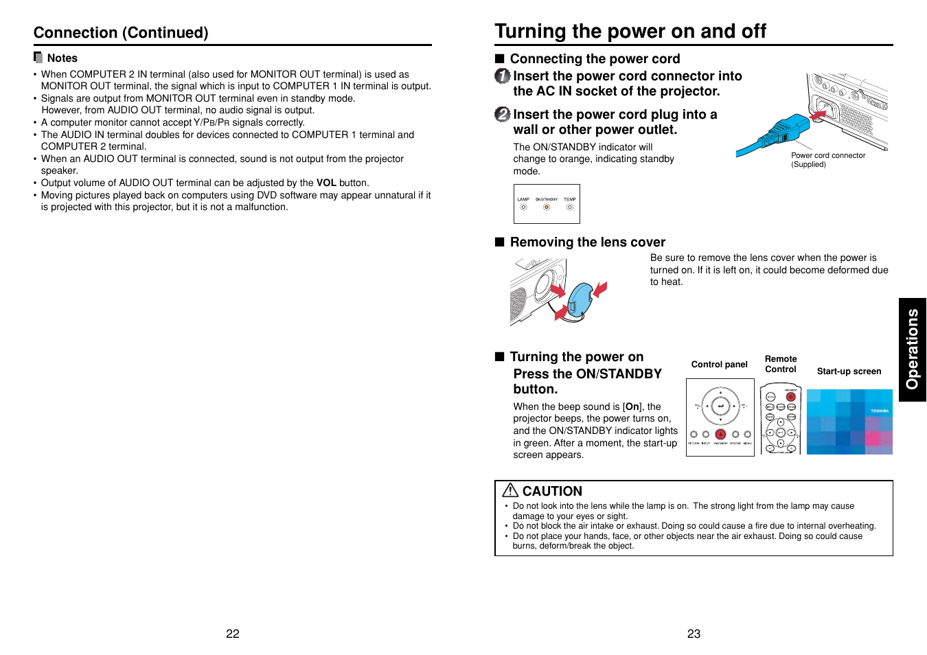 Turning the power on and off, Operations, Connection (continued) | Toshiba TLF-XD2000 User Manual | Page 12 / 28