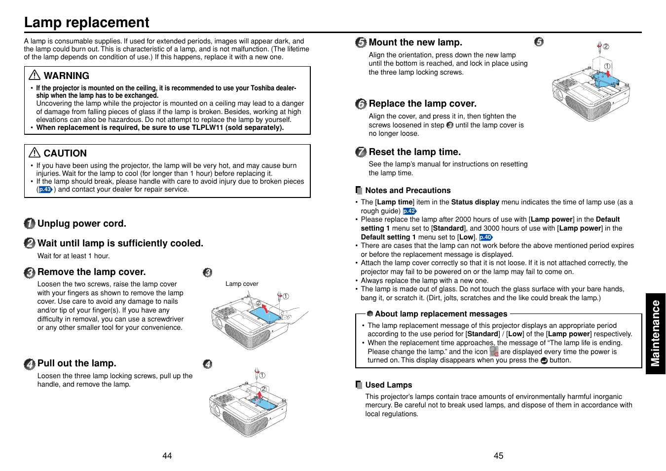 Lamp replacement, Maintenance | Toshiba TLF-XD2000 User Manual | Page 23 / 28