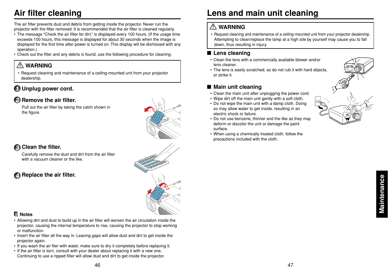 Lens and main unit cleaning air filter cleaning | Toshiba TLF-XD2000 User Manual | Page 24 / 28