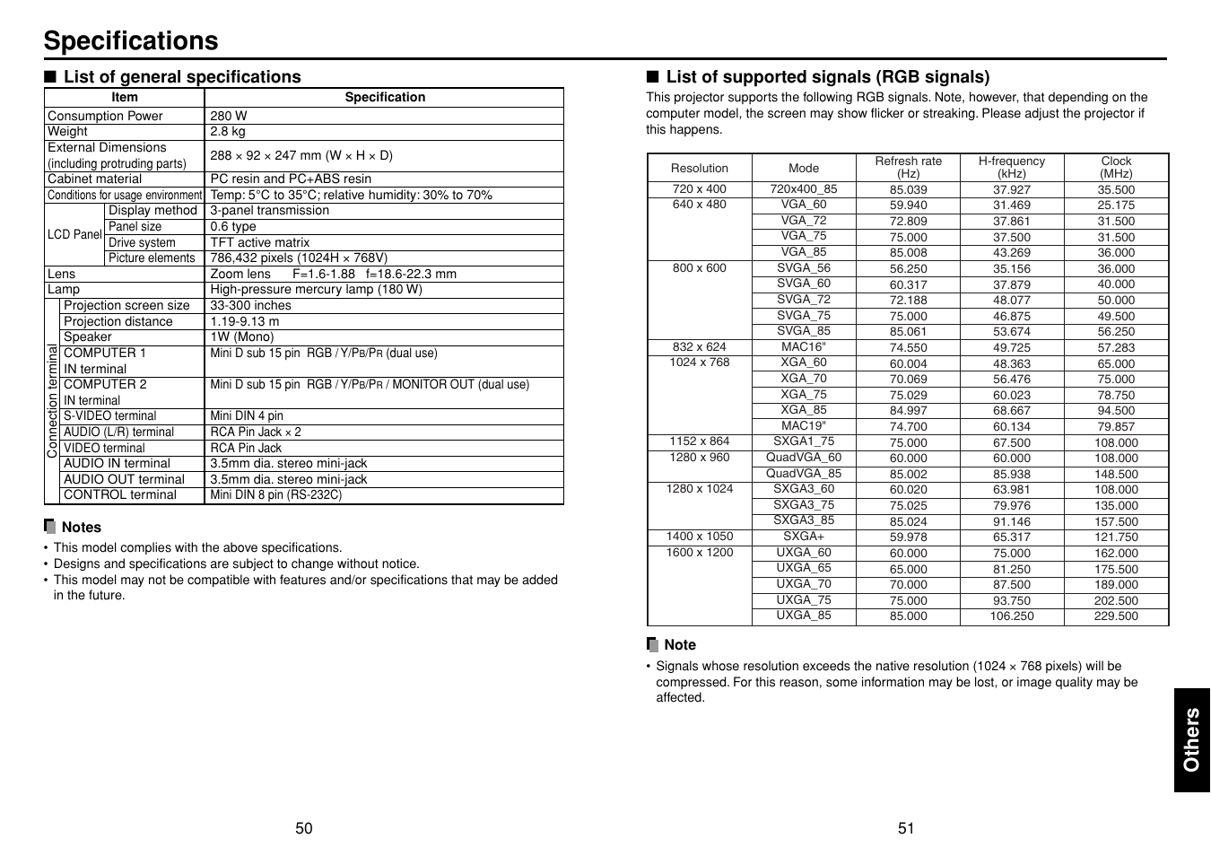 Specifications, Others | Toshiba TLF-XD2000 User Manual | Page 26 / 28