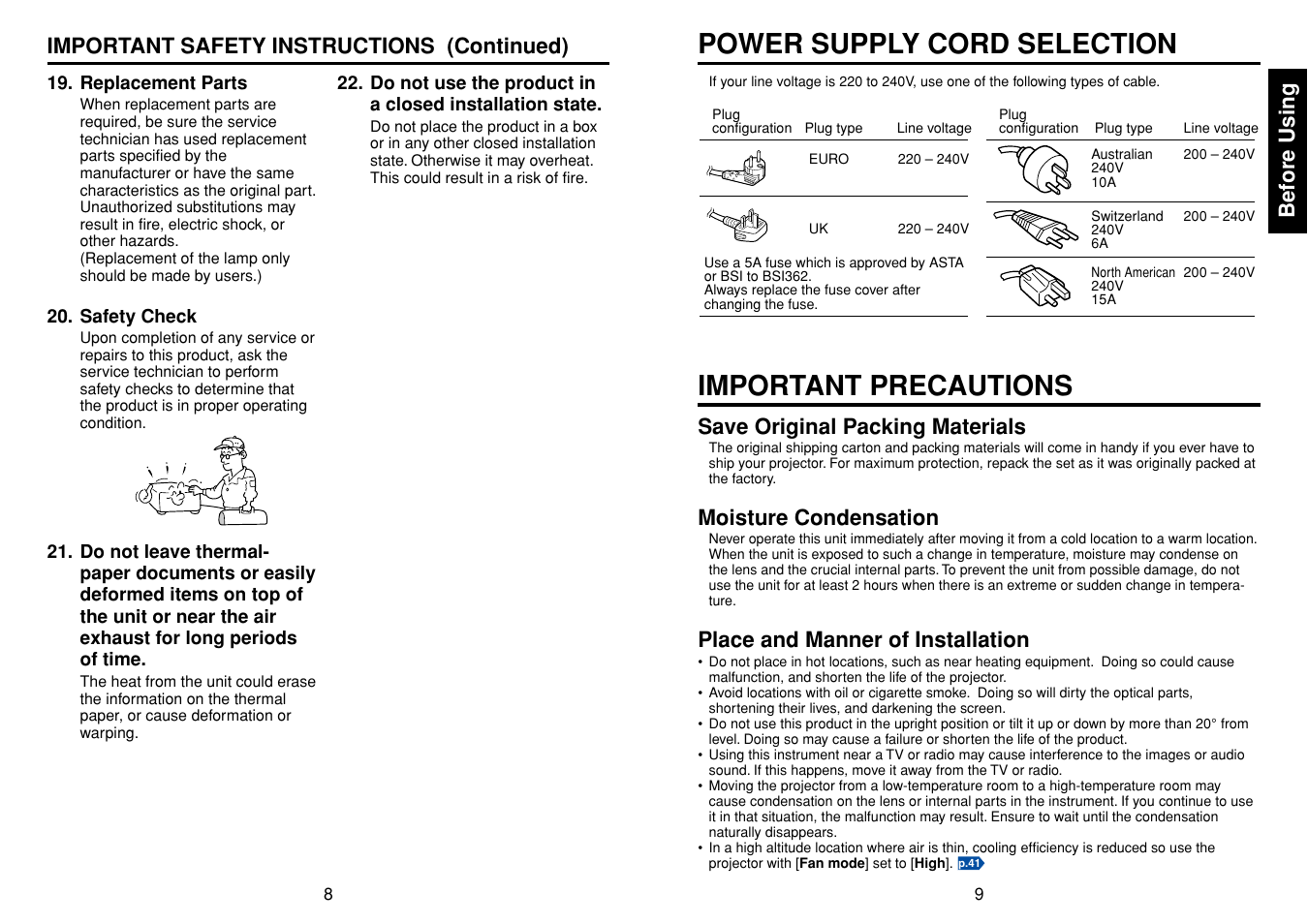 Important precautions, Power supply cord selection, Before using | Save original packing materials, Moisture condensation, Place and manner of installation, Important safety instructions (continued) | Toshiba TLF-XD2000 User Manual | Page 5 / 28