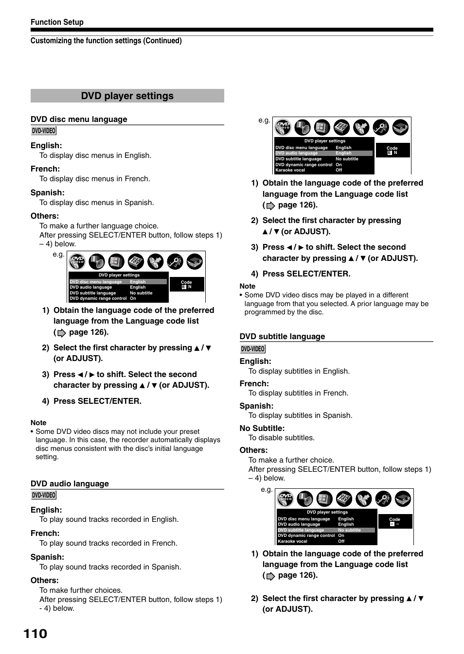 Dvd player settings | Toshiba DVd Video Recorder D-R4SU User Manual | Page 110 / 131