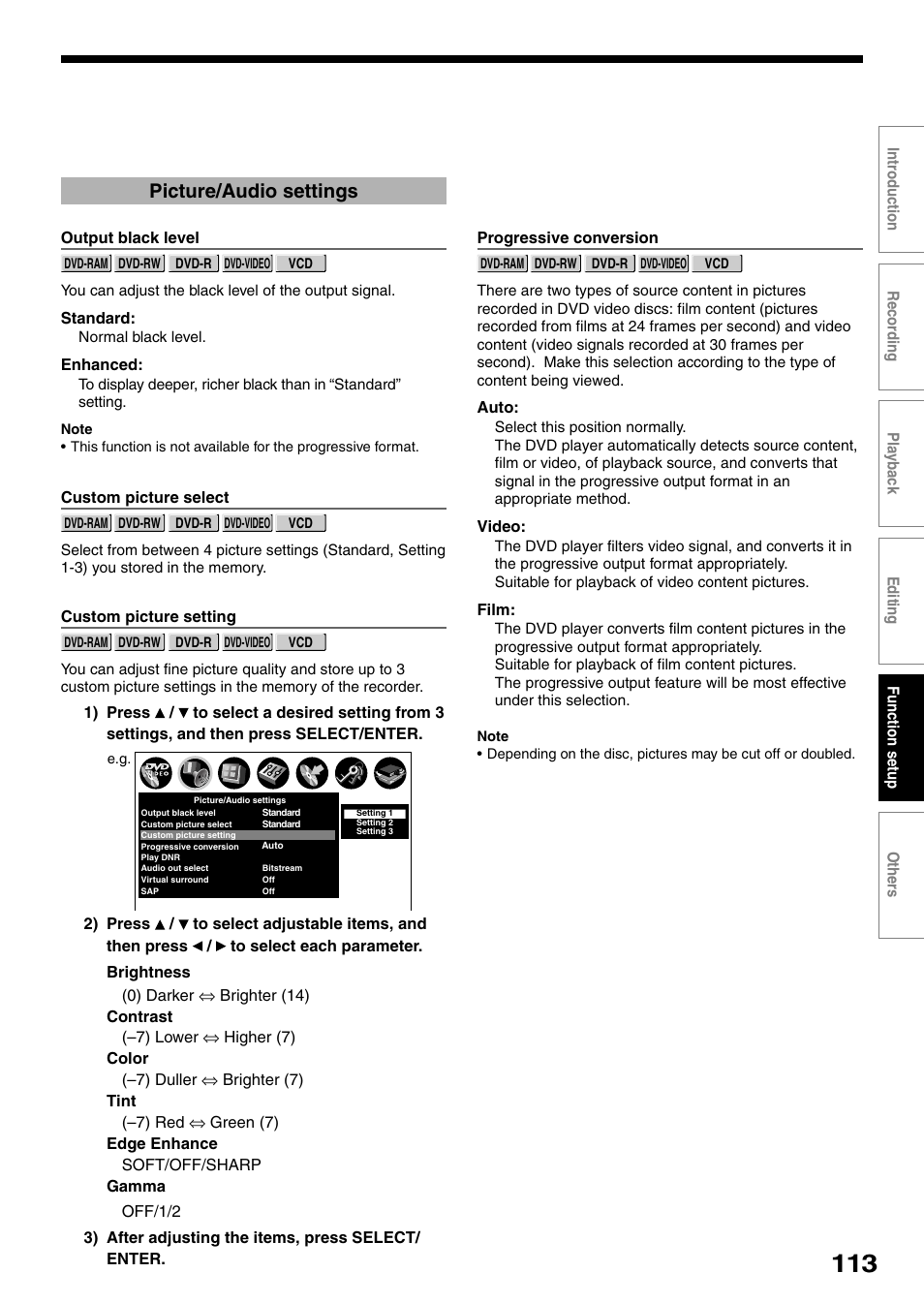 Picture/audio settings | Toshiba DVd Video Recorder D-R4SU User Manual | Page 113 / 131