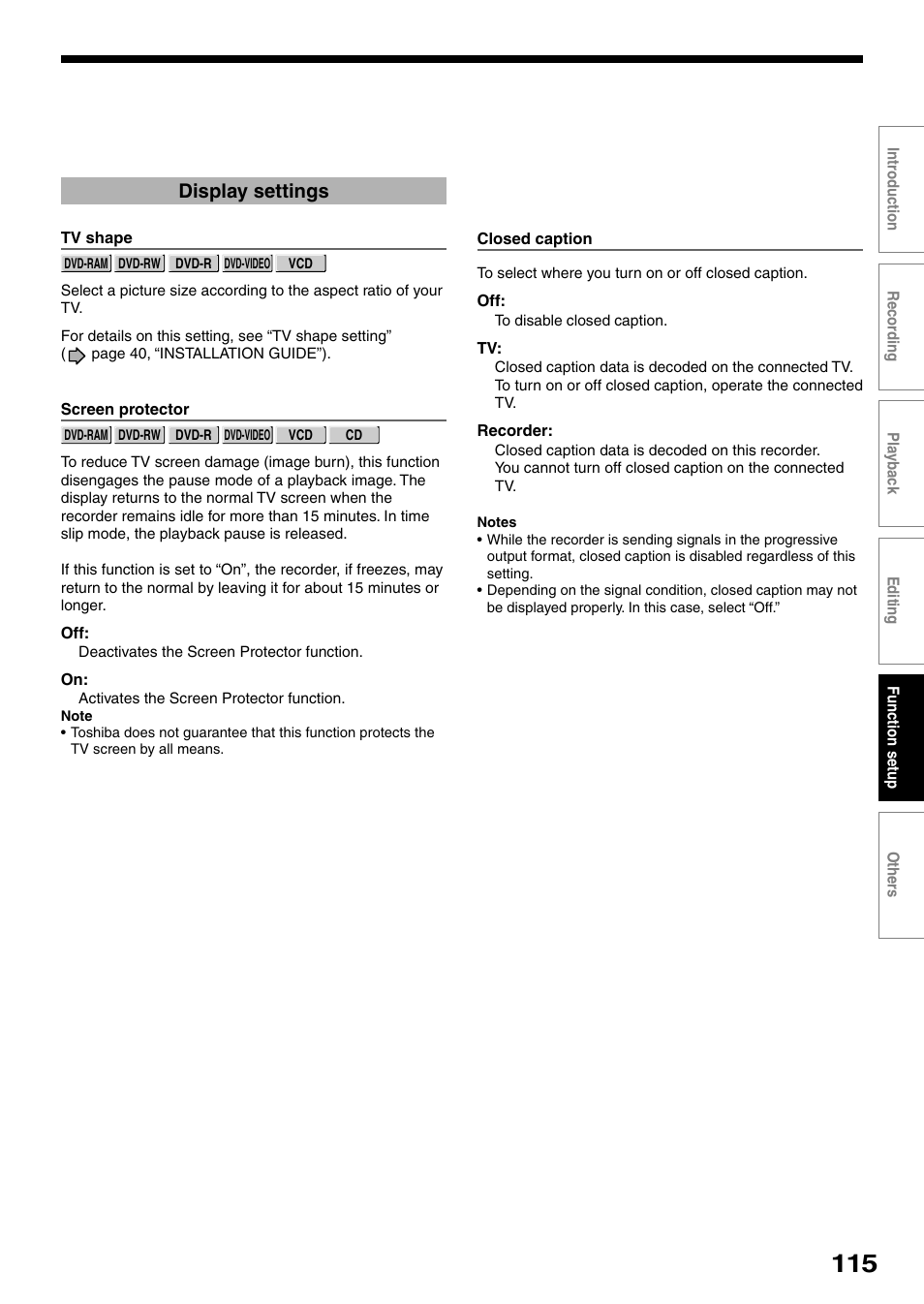 Display settings | Toshiba DVd Video Recorder D-R4SU User Manual | Page 115 / 131