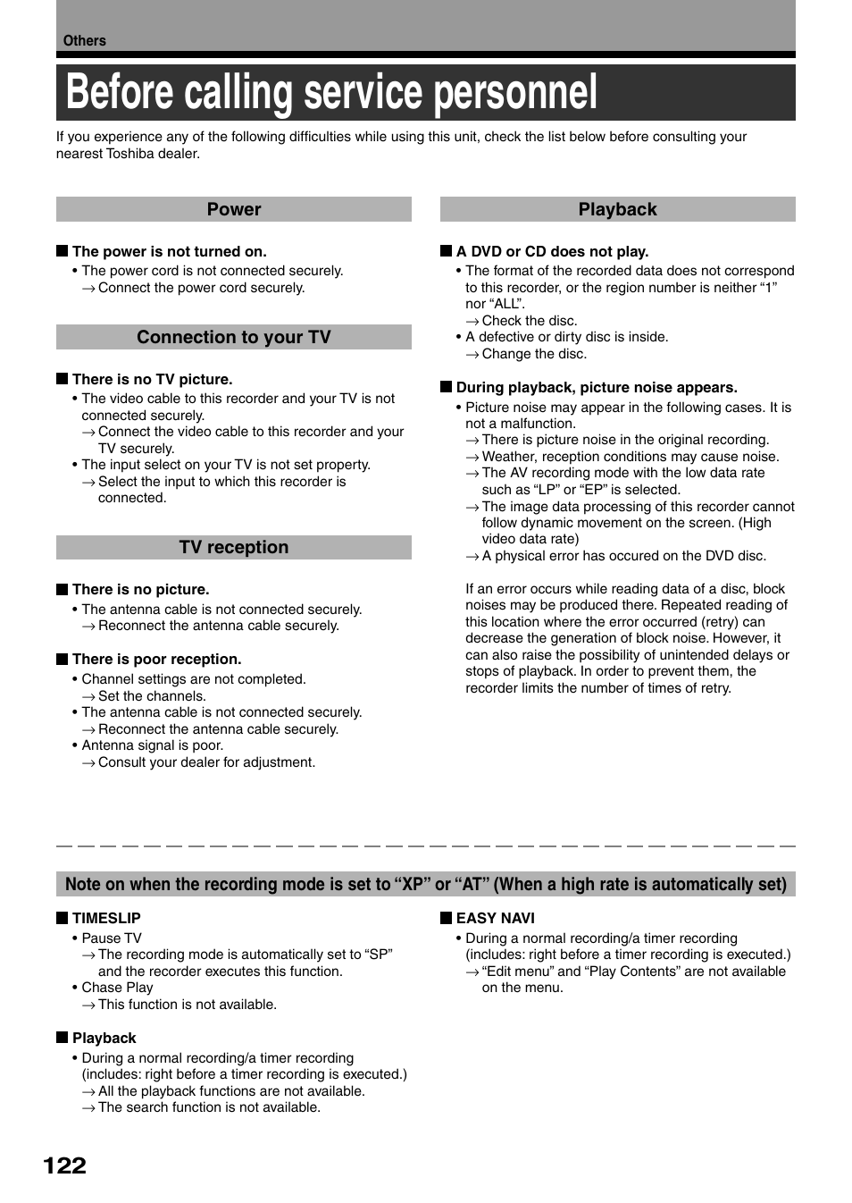 Before calling service personnel, Power, Connection to your tv | Tv reception, Playback | Toshiba DVd Video Recorder D-R4SU User Manual | Page 122 / 131