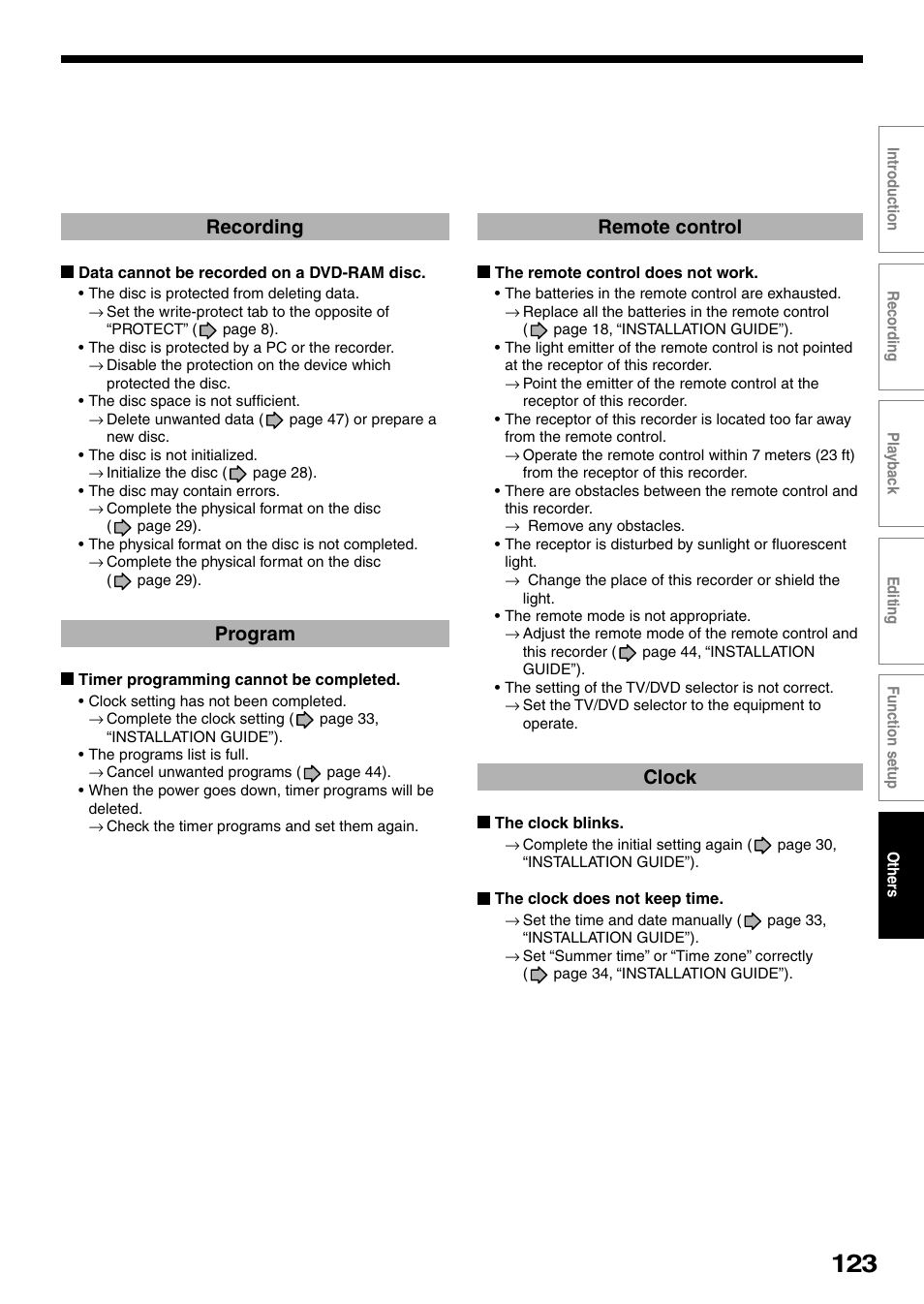 Remote control, Clock, Recording | Program | Toshiba DVd Video Recorder D-R4SU User Manual | Page 123 / 131