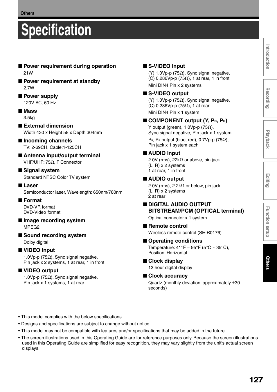 Specification | Toshiba DVd Video Recorder D-R4SU User Manual | Page 127 / 131