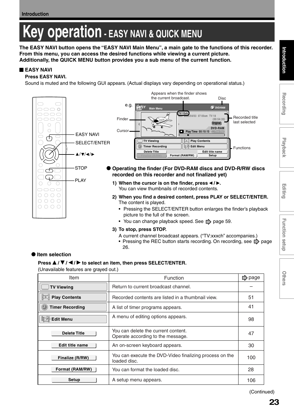 Key operation, Easy navi & quick menu | Toshiba DVd Video Recorder D-R4SU User Manual | Page 23 / 131