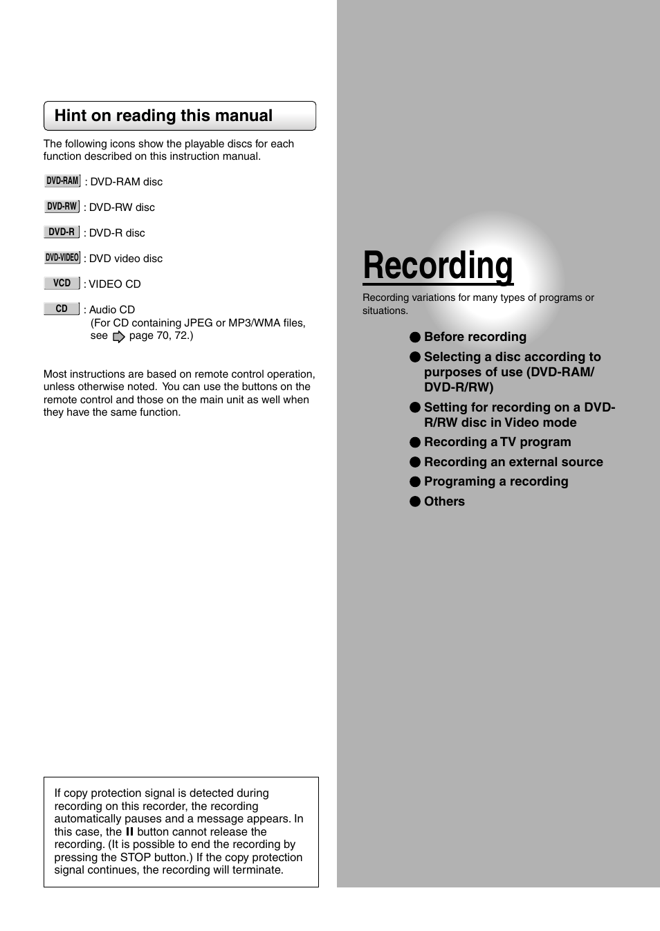 Recording, Hint on reading this manual | Toshiba DVd Video Recorder D-R4SU User Manual | Page 25 / 131