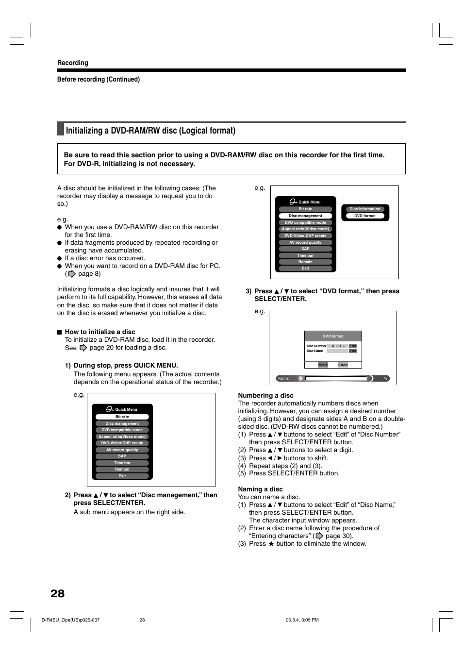 Initializing a dvd-ram/rw disc (logical format) | Toshiba DVd Video Recorder D-R4SU User Manual | Page 28 / 131