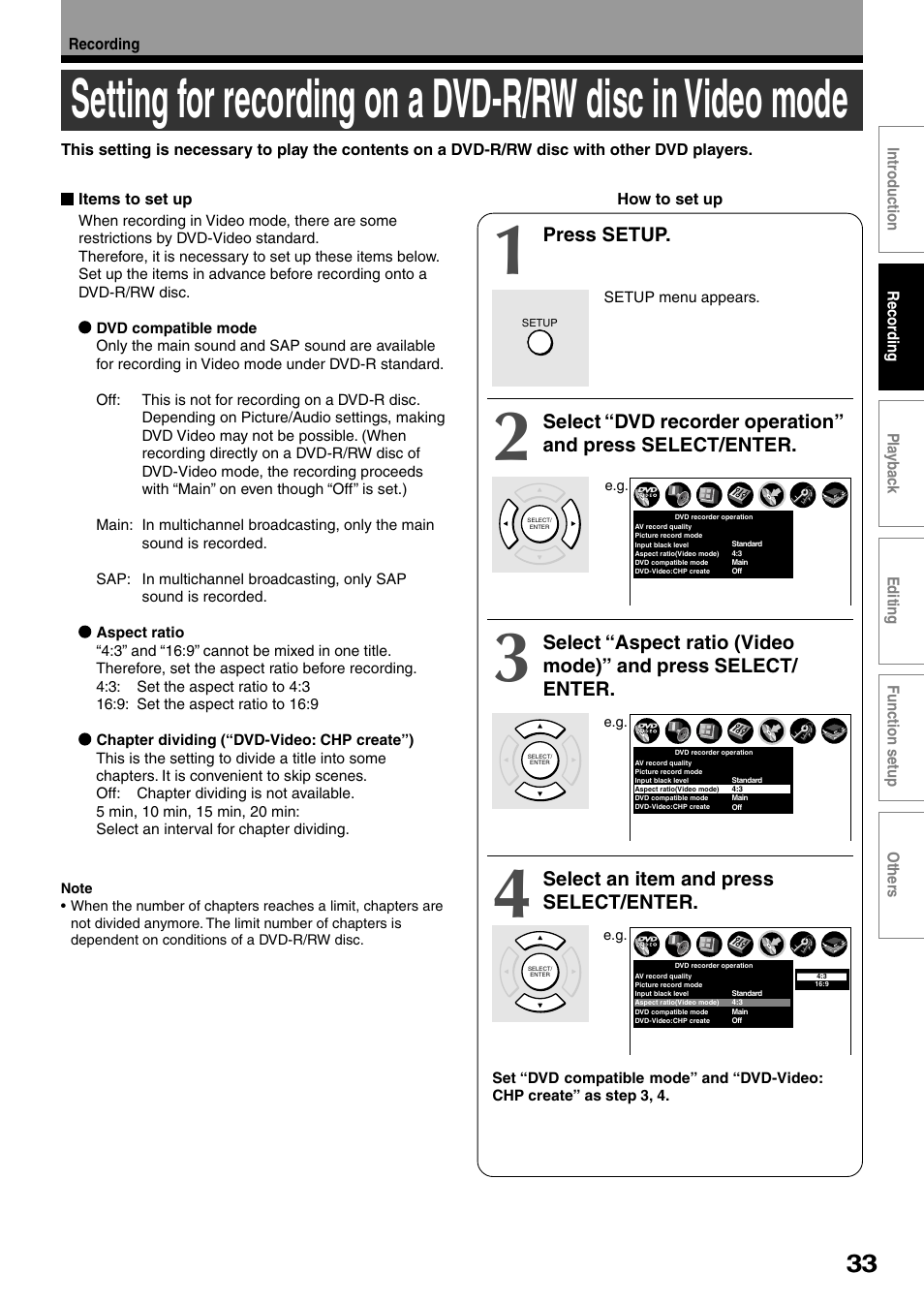 Press setup, Select an item and press select/enter | Toshiba DVd Video Recorder D-R4SU User Manual | Page 33 / 131