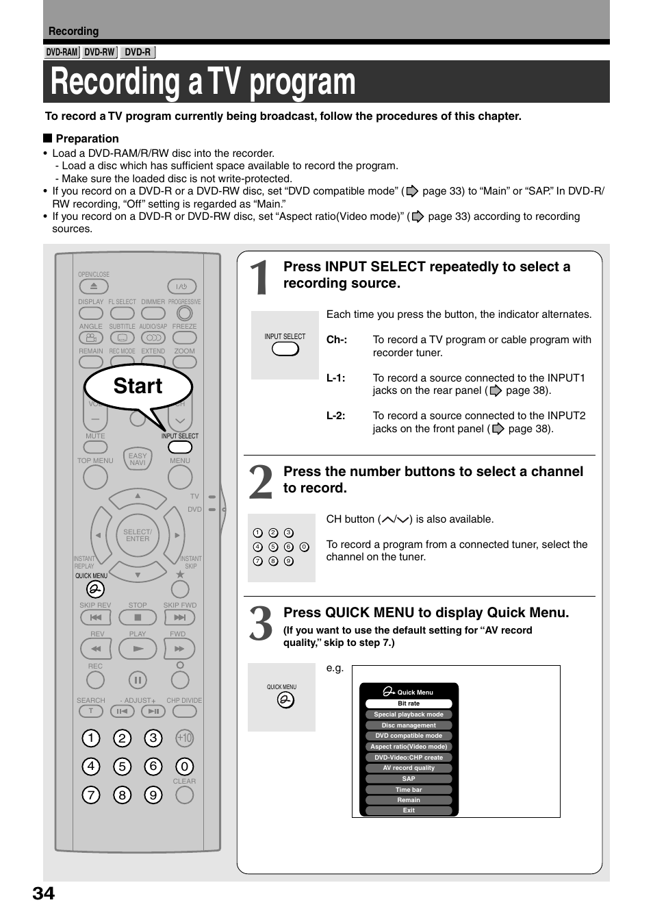 Recording a tv program, Start, Press quick menu to display quick menu | Toshiba DVd Video Recorder D-R4SU User Manual | Page 34 / 131