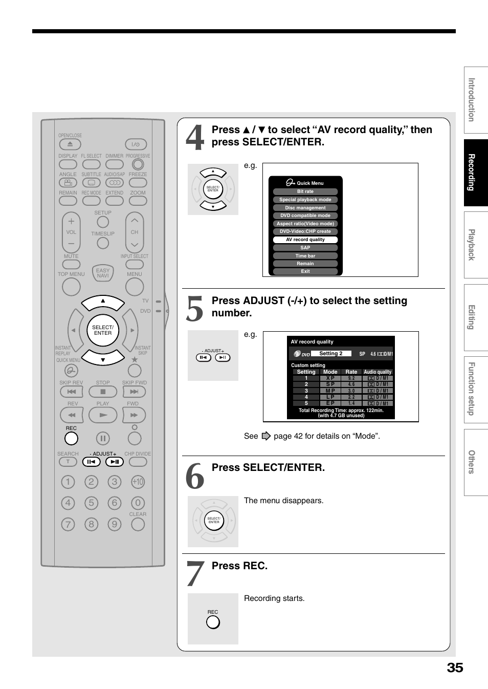 Press adjust (-/+) to select the setting number, Press select/enter, Press rec | Toshiba DVd Video Recorder D-R4SU User Manual | Page 35 / 131