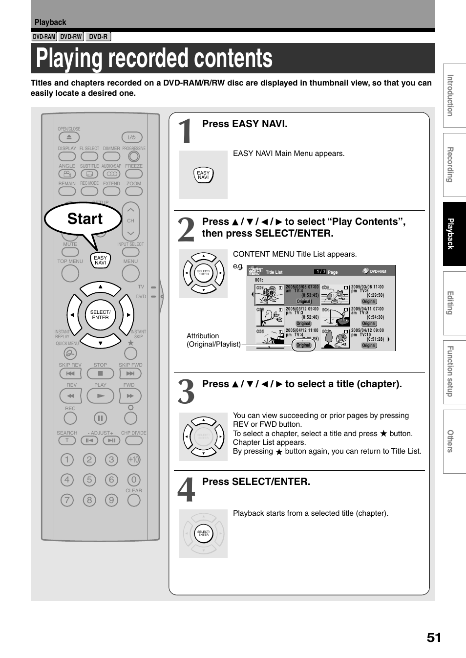 Playing recorded contents, Start, Press easy navi | Press / / / to select a title (chapter), Press select/enter | Toshiba DVd Video Recorder D-R4SU User Manual | Page 51 / 131