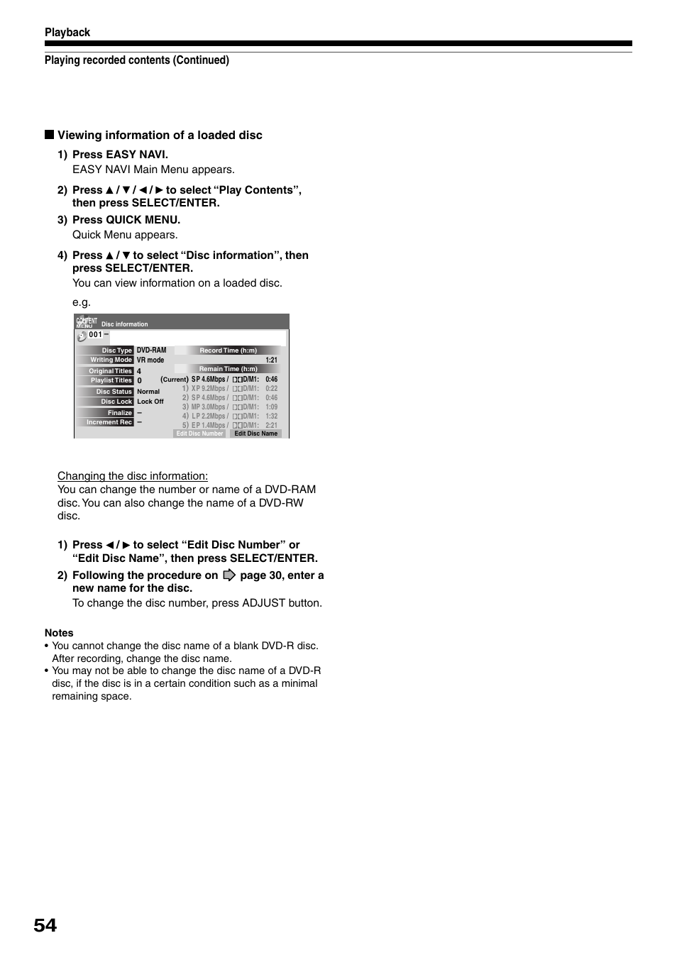 Viewing information of a loaded disc, Playing recorded contents (continued) playback | Toshiba DVd Video Recorder D-R4SU User Manual | Page 54 / 131