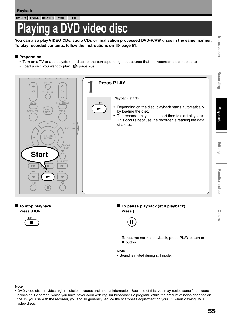 Playing a dvd video disc, Start, Press play | Toshiba DVd Video Recorder D-R4SU User Manual | Page 55 / 131