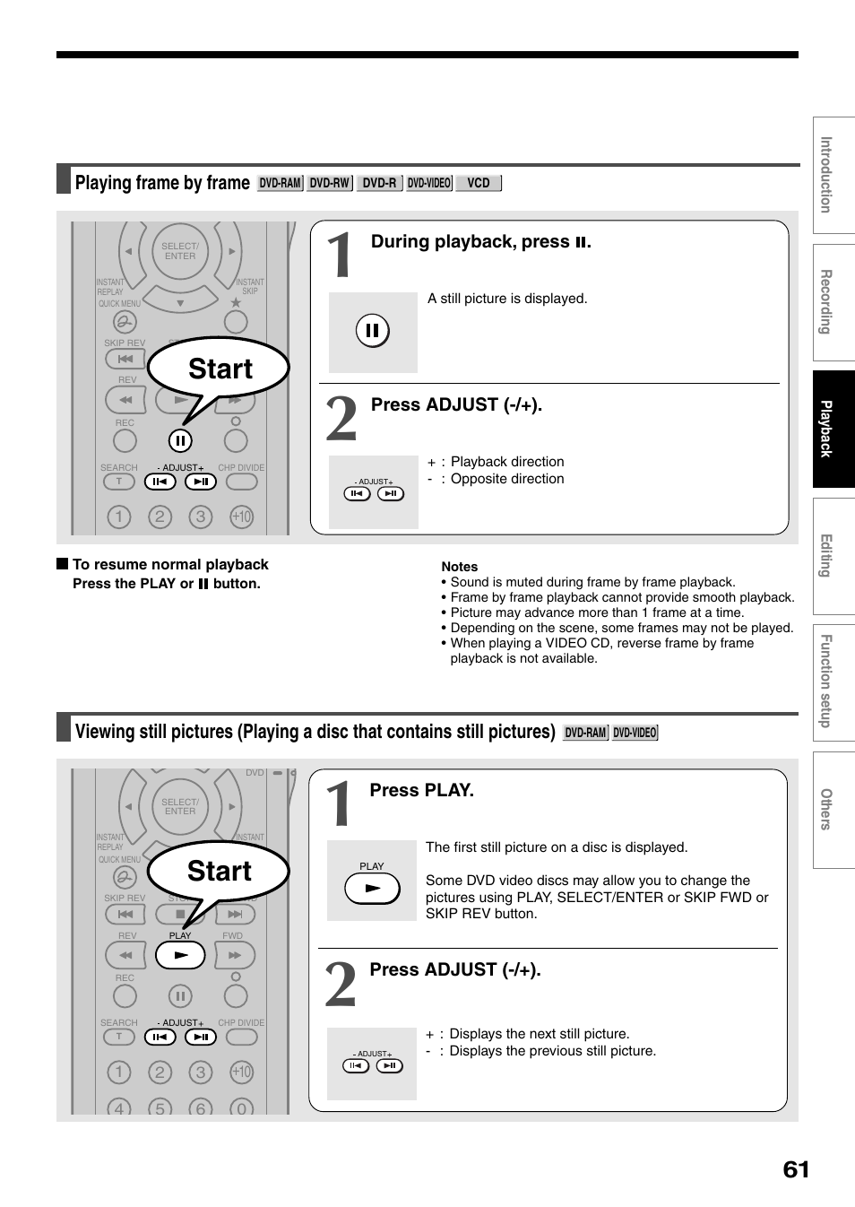 Start, Playing frame by frame, During playback, press | Press adjust (-/+), Press play | Toshiba DVd Video Recorder D-R4SU User Manual | Page 61 / 131