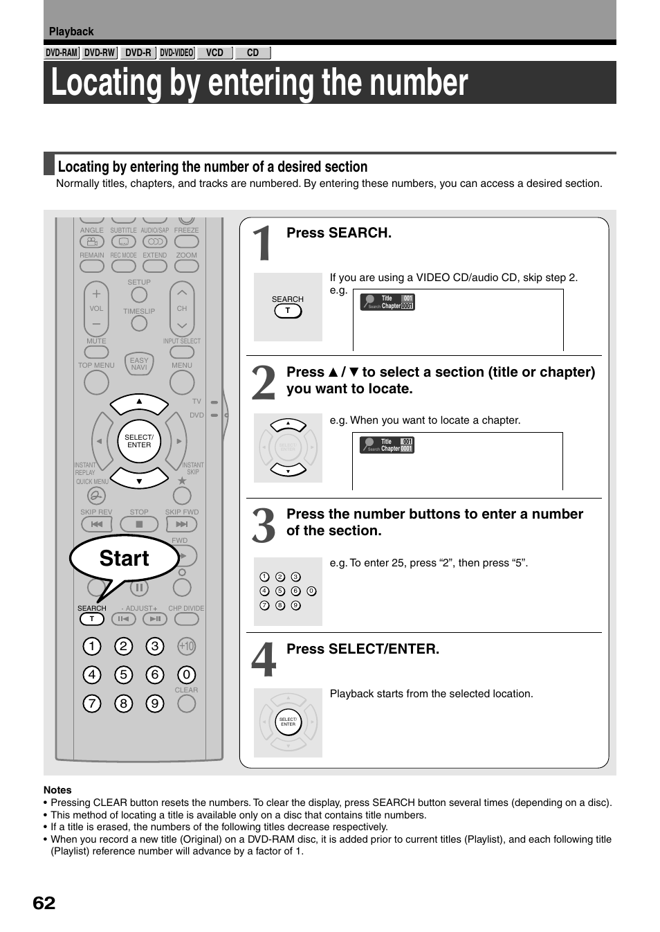 Locating by entering the number, Start, Press search | Press select/enter | Toshiba DVd Video Recorder D-R4SU User Manual | Page 62 / 131